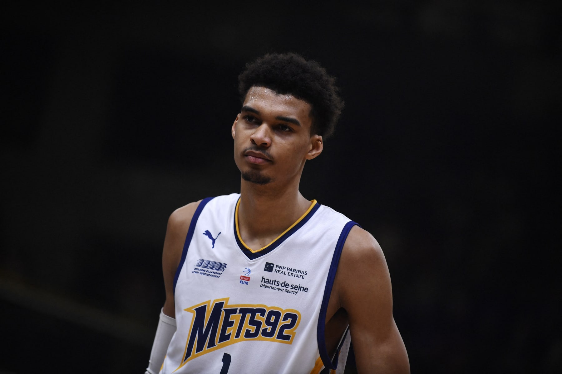 Metropolitan 92's player Victor Wembanyama reacts during the French Elite basketball match between Boulogne-Levallois Metropolitans 92 and JDA Dijon at the Palais des Sports Marcel-Cerdan in Levallois-Perret, near Paris, on February 10, 2023. (Photo by JULIEN DE ROSA / AFP) (Photo by JULIEN DE ROSA/AFP via Getty Images)