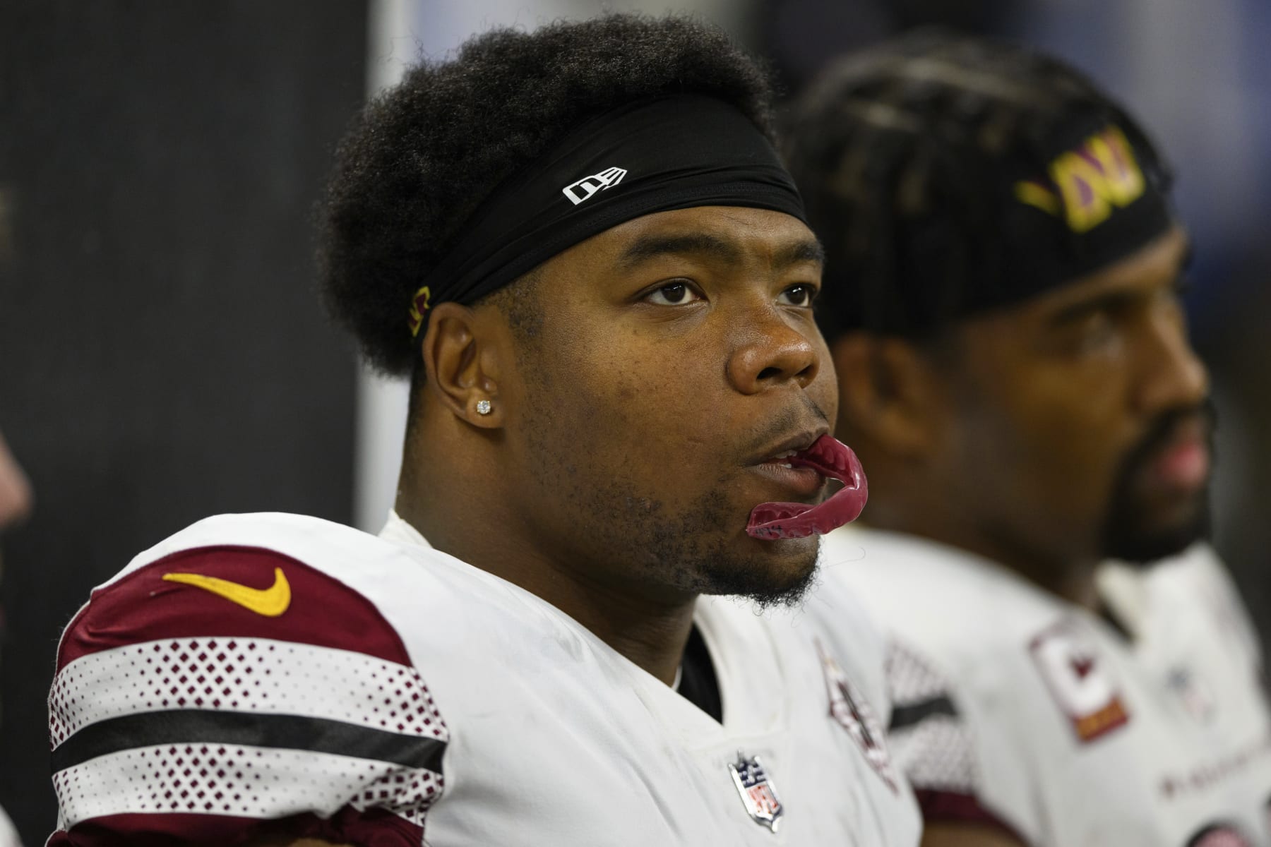 Washington Commanders defensive tackle Daron Payne (94) on the sidelines during an NFL football game against the Indianapolis Colts, Sunday, Oct. 30, 2022, in Indianapolis. (AP Photo/Zach Bolinger)