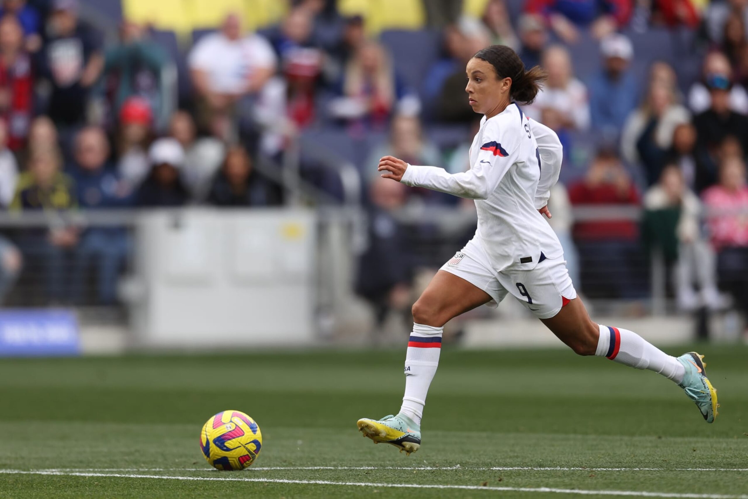 NASHVILLE, TN - FEBRUARY 19: Mallory Swanson #9 of United States shoots to goal during the 2023 SheBelieves Cup match between United States and Japan at GEODIS Park on February 19, 2023 in Nashville, Tennessee. (Photo by Omar Vega/Getty Images) NASHVILLE, TN - FEBRUARY 19: Mallory Swanson #9 of United States shoots to goal during the 2023 SheBelieves Cup match between United States and Japan at GEODIS Park on February 19, 2023 in Nashville, Tennessee. (Photo by Omar Vega/Getty Images)