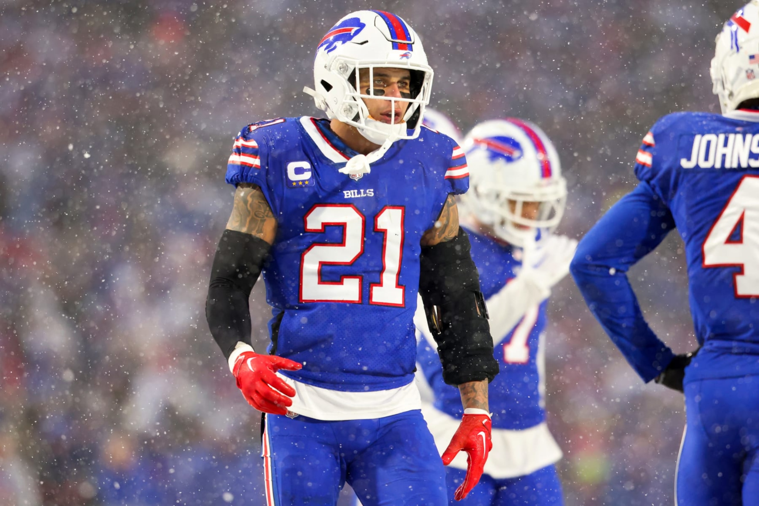 ORCHARD PARK, NEW YORK - JANUARY 22: Jordan Poyer #21 of the Buffalo Bills looks on against the Cincinnati Bengals during the second half in the AFC Divisional Playoff game at Highmark Stadium on January 22, 2023 in Orchard Park, New York. (Photo by Bryan M. Bennett/Getty Images)