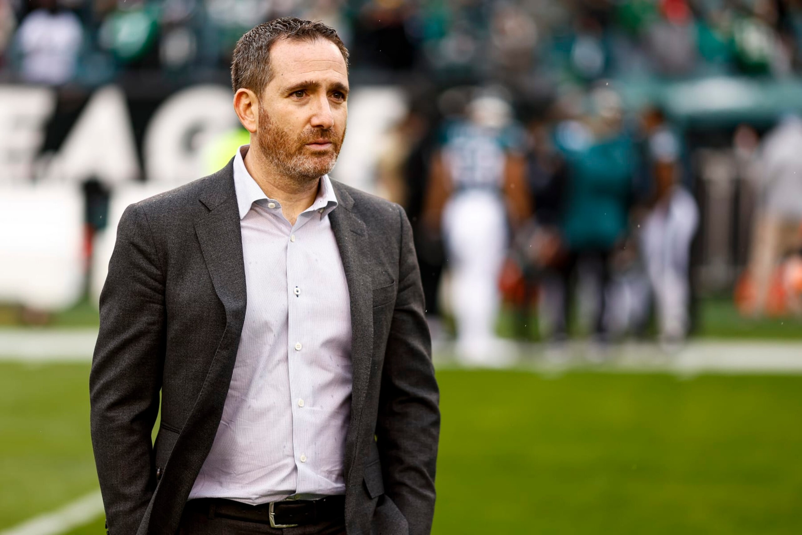 PHILADELPHIA, PA - JANUARY 29: General manager Howie Roseman of the Philadelphia Eagles walks on the field prior to the NFC Championship NFL football game against the San Francisco 49ers at Lincoln Financial Field on January 29, 2023 in Philadelphia, Pennsylvania. (Photo by Kevin Sabitus/Getty Images)