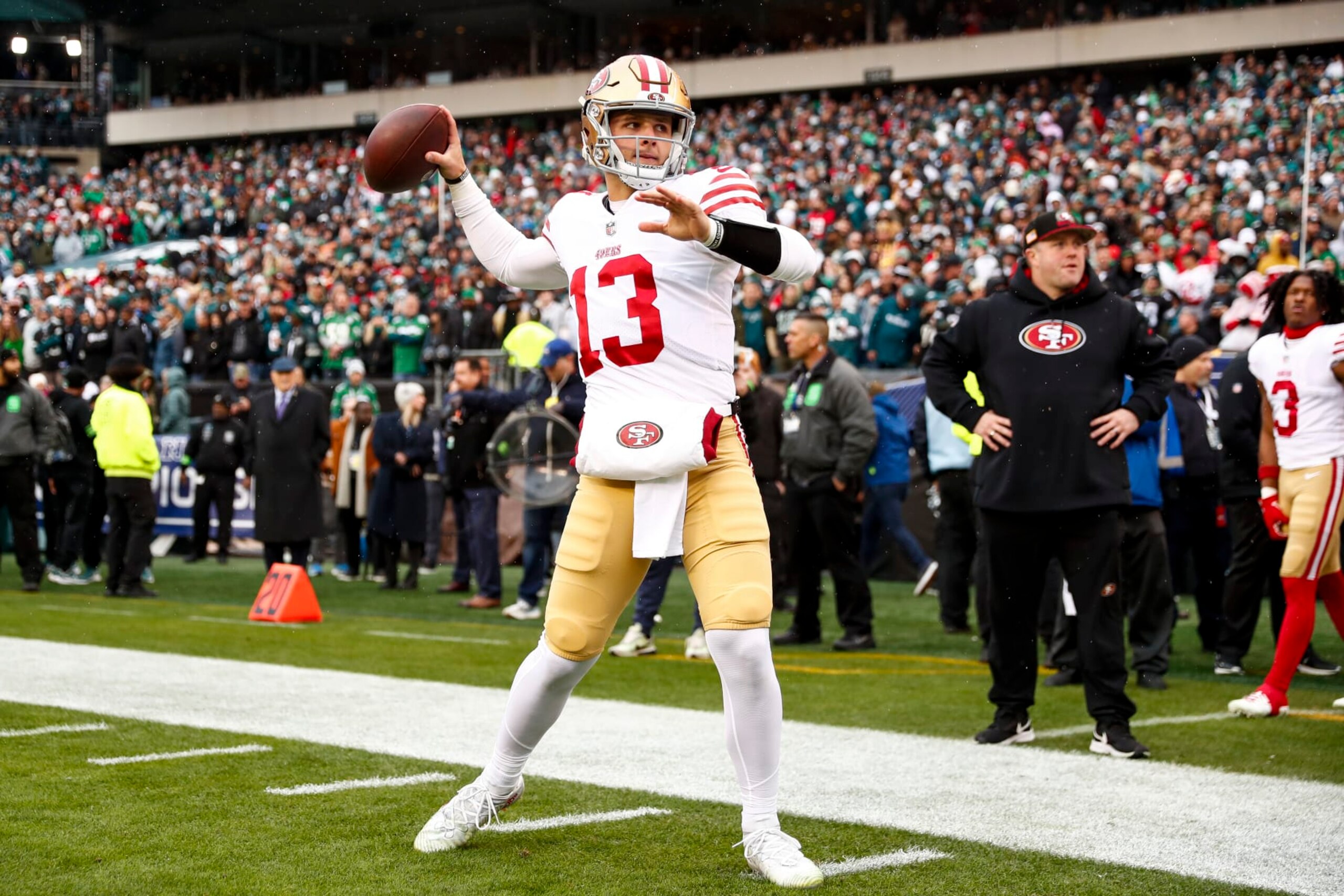 PHILADELPHIA, PA - JANUARY 29: Brock Purdy #13 of the San Francisco 49ers warms up prior to the NFC Championship NFL football game against the Philadelphia Eagles at Lincoln Financial Field on January 29, 2023 in Philadelphia, Pennsylvania. (Photo by Kevin Sabitus/Getty Images) PHILADELPHIA, PA - JANUARY 29: Brock Purdy #13 of the San Francisco 49ers warms up prior to the NFC Championship NFL football game against the Philadelphia Eagles at Lincoln Financial Field on January 29, 2023 in Philadelphia, Pennsylvania. (Photo by Kevin Sabitus/Getty Images)