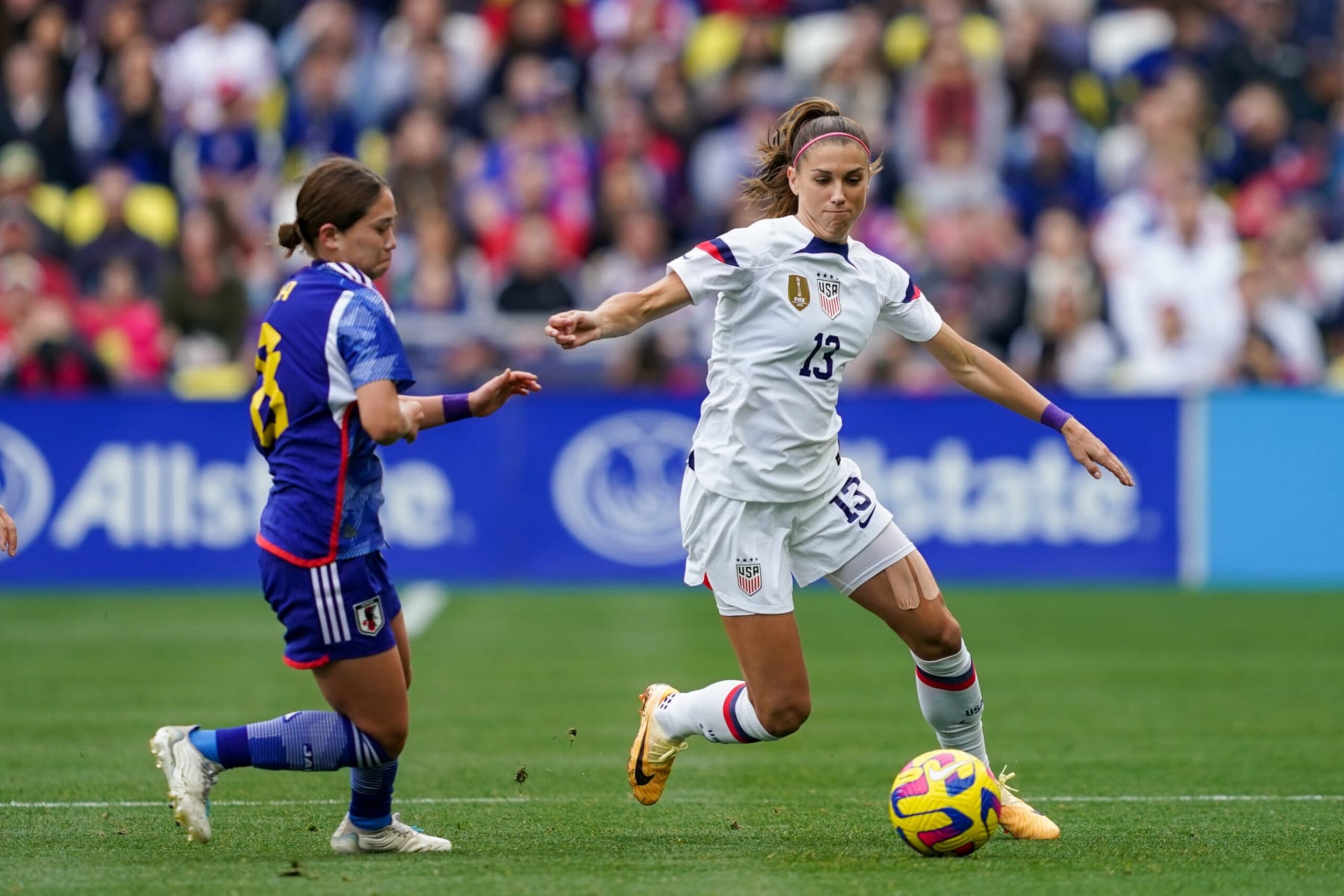 NASHVILLE, TN - FEBRUARY 19: Alex Morgan #13 of the United States advances the ball during a match between Japan and USWNT in the 2023 SheBelieves Cup at GEODIS Park on February 19, 2023 in Nashville, Tennessee. (Photo by Daniela Porcelli/ISI Photos/Getty Images) NASHVILLE, TN - FEBRUARY 19: Alex Morgan #13 of the United States advances the ball during a match between Japan and USWNT in the 2023 SheBelieves Cup at GEODIS Park on February 19, 2023 in Nashville, Tennessee. (Photo by Daniela Porcelli/ISI Photos/Getty Images)
