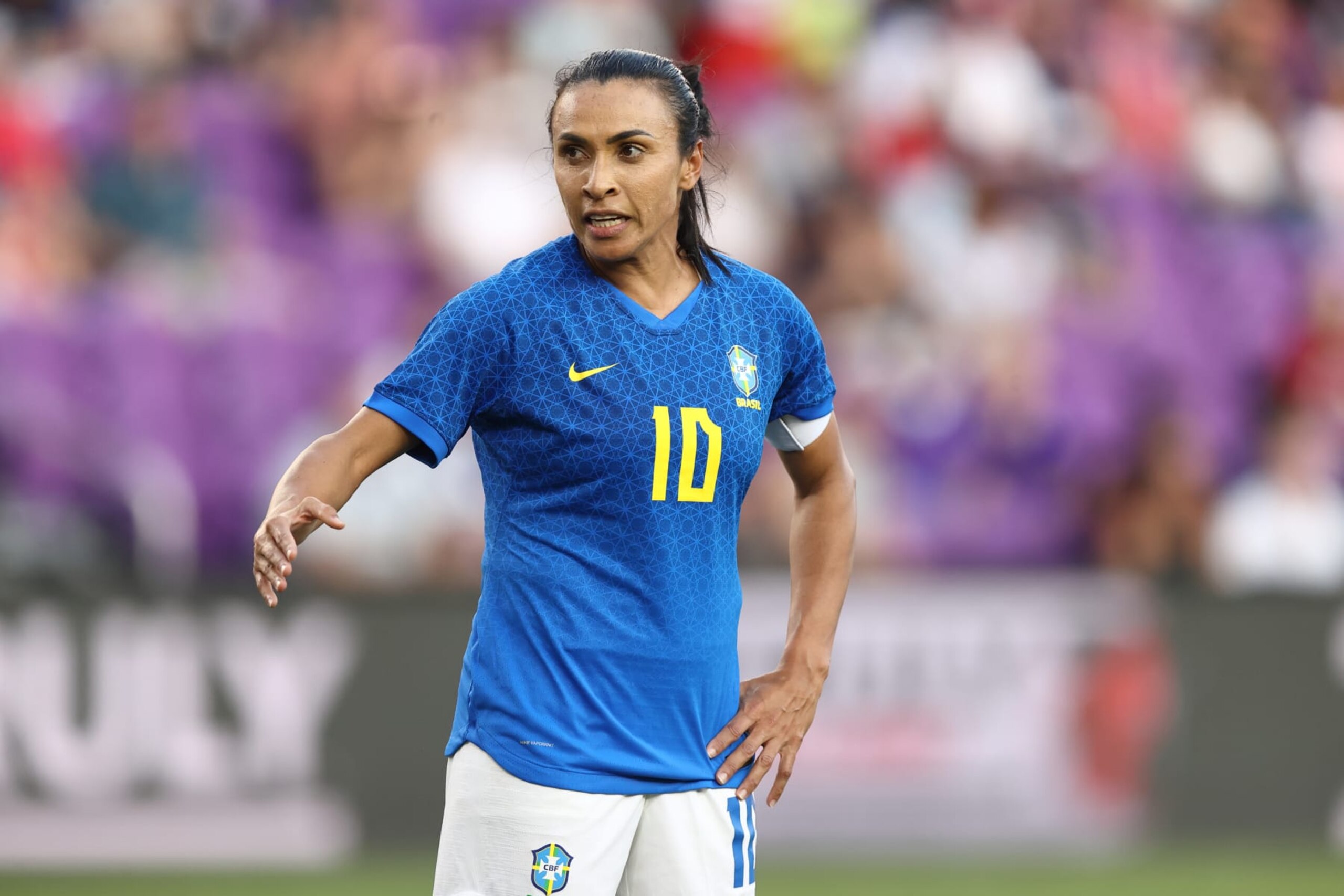 ORLANDO, FL - FEBRUARY 16: Marta of Brazil during the 2023 SheBelieves Cup match between Japan and Brazil at Exploria Stadium on February 16, 2023 in Orlando, Florida. (Photo by James Williamson - AMA/Getty Images) ORLANDO, FL - FEBRUARY 16: Marta of Brazil during the 2023 SheBelieves Cup match between Japan and Brazil at Exploria Stadium on February 16, 2023 in Orlando, Florida. (Photo by James Williamson - AMA/Getty Images)