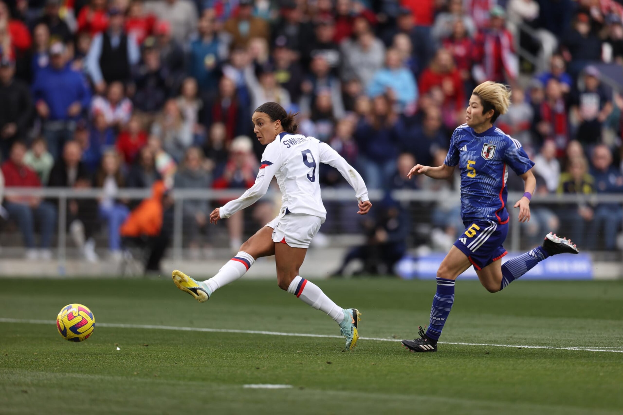 NASHVILLE, TN - FEBRUARY 19: Mallory Swanson #9 of United States shoots to goal during the 2023 SheBelieves Cup match between United States and Japan at GEODIS Park on February 19, 2023 in Nashville, Tennessee. (Photo by Omar Vega/Getty Images) NASHVILLE, TN - FEBRUARY 19: Mallory Swanson #9 of United States shoots to goal during the 2023 SheBelieves Cup match between United States and Japan at GEODIS Park on February 19, 2023 in Nashville, Tennessee. (Photo by Omar Vega/Getty Images)