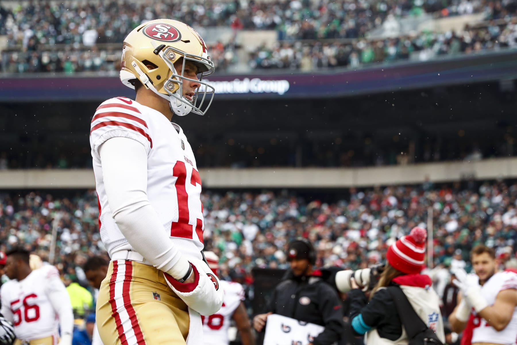 PHILADELPHIA, PA - JANUARY 29: Brock Purdy #13 of the San Francisco 49ers warms up prior to the NFC Championship NFL football game against the Philadelphia Eagles at Lincoln Financial Field on January 29, 2023 in Philadelphia, Pennsylvania. (Photo by Kevin Sabitus/Getty Images)