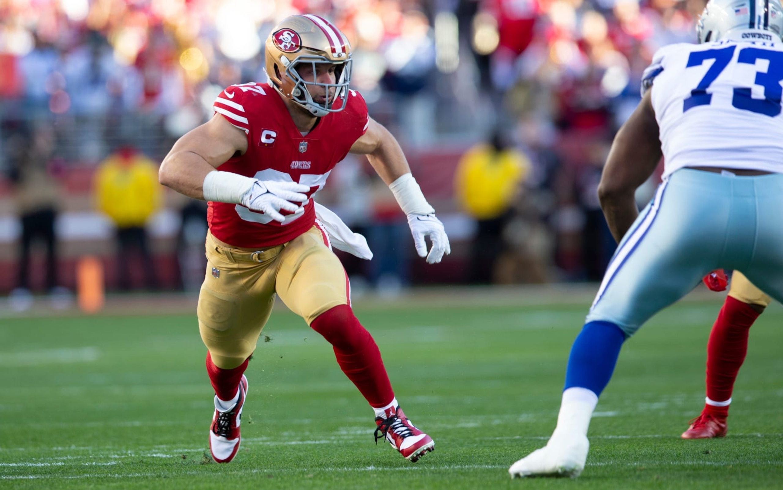 SANTA CLARA, CA - JANUARY 22: Nick Bosa #97 of the San Francisco 49ers rushes the quarterback during the NFC Divisional playoff game against the Dallas Cowboys at Levi's Stadium on January 22, 2023 in Santa Clara, California. The 49ers defeated the Cowboys 19-12. (Photo by Michael Zagaris/San Francisco 49ers/Getty Images)