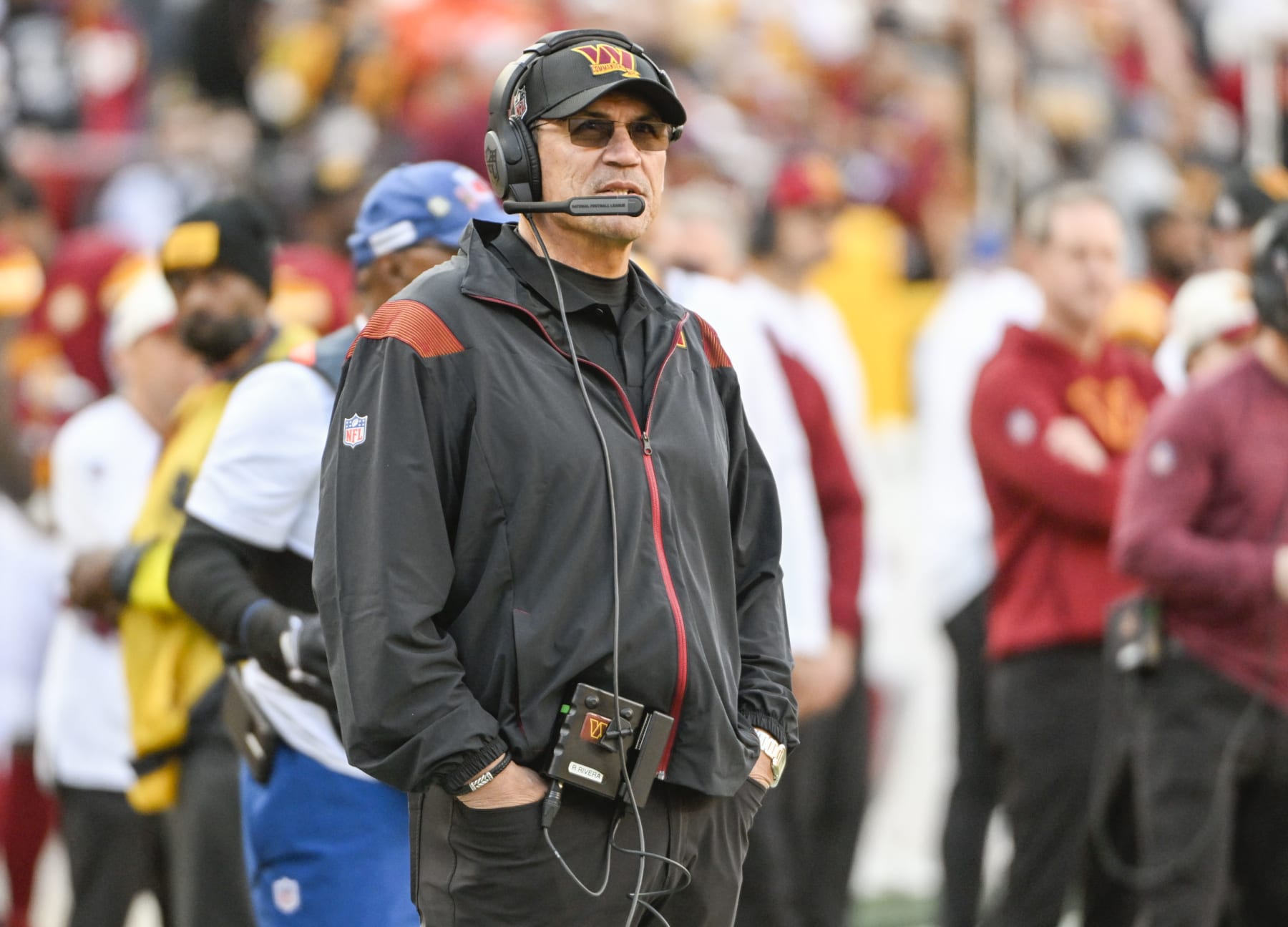 LANDOVER, MD - JANUARY 1: Washington Commanders head coach Ron Rivera looks on during action against the Cleveland Browns at FedEx Field on January 1, 2023. (Photo by Jonathan Newton/The Washington Post via Getty Images)