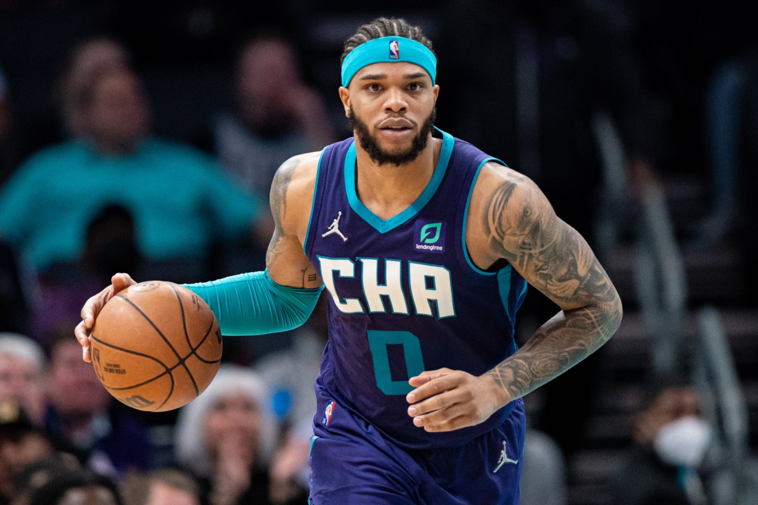 CHARLOTTE, NORTH CAROLINA - MARCH 21: Miles Bridges #0 of the Charlotte Hornets brings the ball up court against the New Orleans Pelicans during their game at Spectrum Center on March 21, 2022 in Charlotte, North Carolina. NOTE TO USER: User expressly acknowledges and agrees that, by downloading and or using this photograph, User is consenting to the terms and conditions of the Getty Images License Agreement. (Photo by Jacob Kupferman/Getty Images) CHARLOTTE, NORTH CAROLINA - MARCH 21: Miles Bridges #0 of the Charlotte Hornets brings the ball up court against the New Orleans Pelicans during their game at Spectrum Center on March 21, 2022 in Charlotte, North Carolina. NOTE TO USER: User expressly acknowledges and agrees that, by downloading and or using this photograph, User is consenting to the terms and conditions of the Getty Images License Agreement. (Photo by Jacob Kupferman/Getty Images)