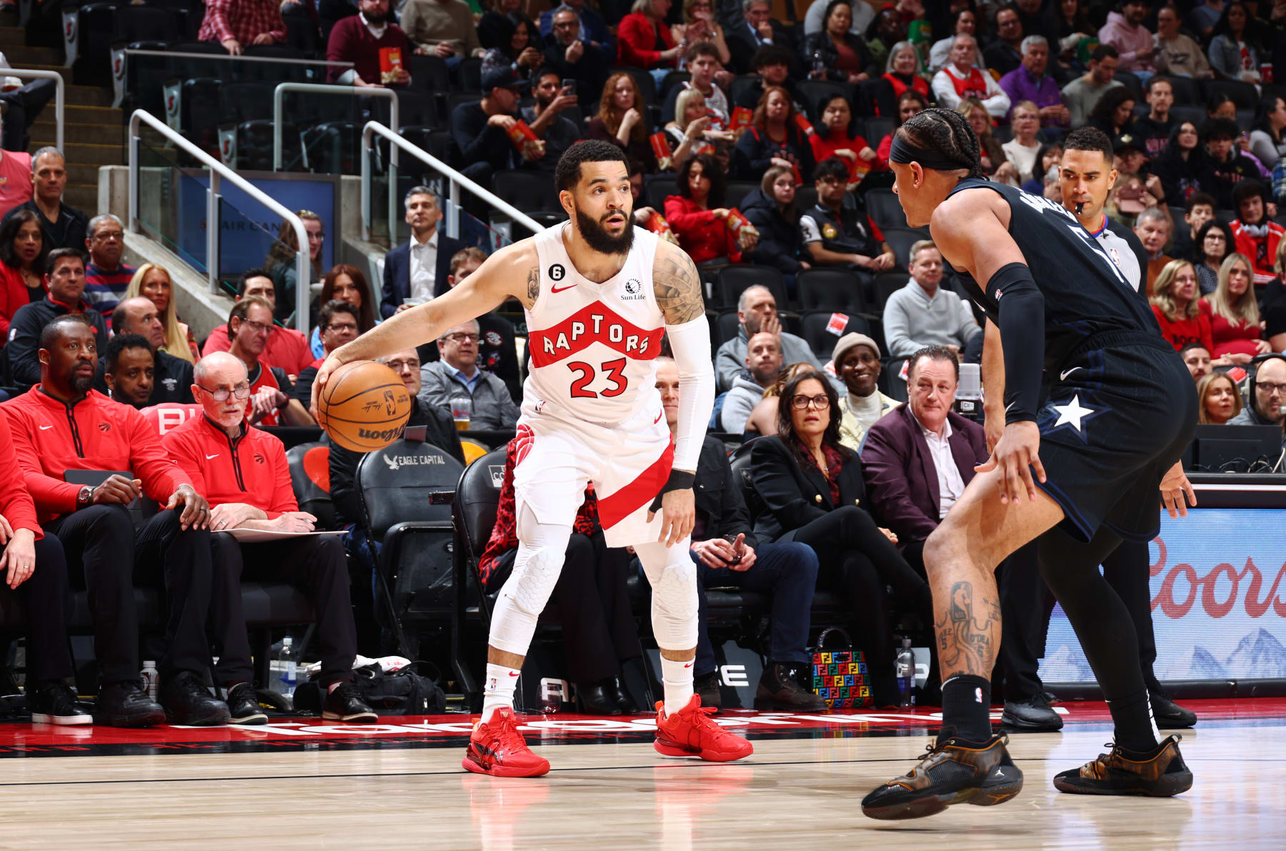 TORONTO, CANADA - FEBRUARY 14: Fred VanVleet #23 of the Toronto Raptors dribbles the ball during the game against the Orlando Magic on February 14, 2023 at the Scotiabank Arena in Toronto, Ontario, Canada.  NOTE TO USER: User expressly acknowledges and agrees that, by downloading and or using this Photograph, user is consenting to the terms and conditions of the Getty Images License Agreement.  Mandatory Copyright Notice: Copyright 2023 NBAE (Photo by Vaughn Ridley/NBAE via Getty Images)