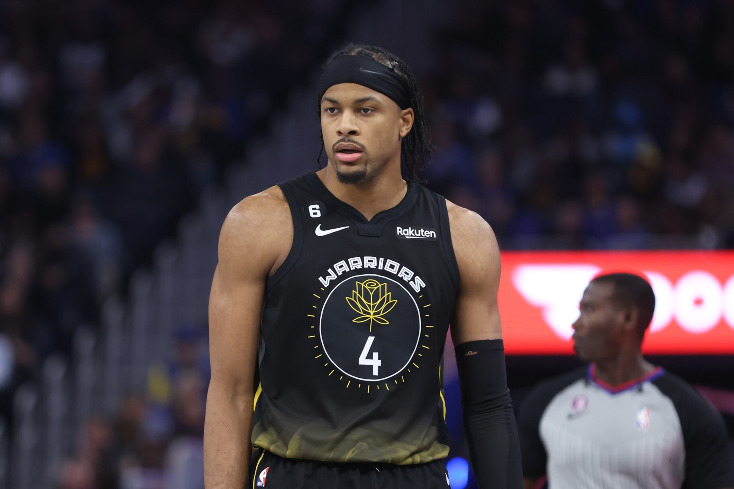 SAN FRANCISCO, CALIFORNIA - FEBRUARY 13: Moses Moody #4 of the Golden State Warriors looks on in the second quarter against the Washington Wizards at Chase Center on February 13, 2023 in San Francisco, California. NOTE TO USER: User expressly acknowledges and agrees that, by downloading and/or using this photograph, User is consenting to the terms and conditions of the Getty Images License Agreement. (Photo by Lachlan Cunningham/Getty Images)