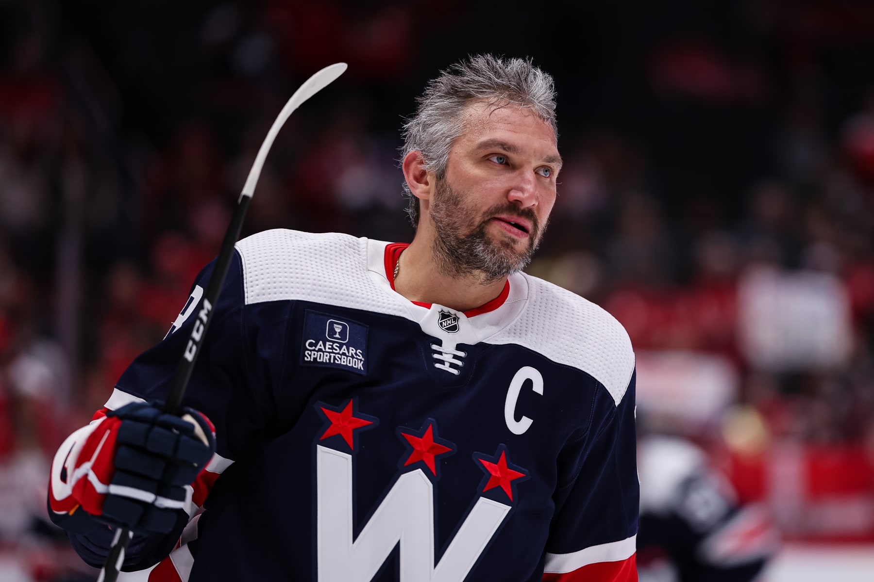 WASHINGTON, DC - FEBRUARY 12: Alex Ovechkin #8 of the Washington Capitals skates before the game against the San Jose Sharks at Capital One Arena on February 12, 2023 in Washington, DC. (Photo by Scott Taetsch/Getty Images)