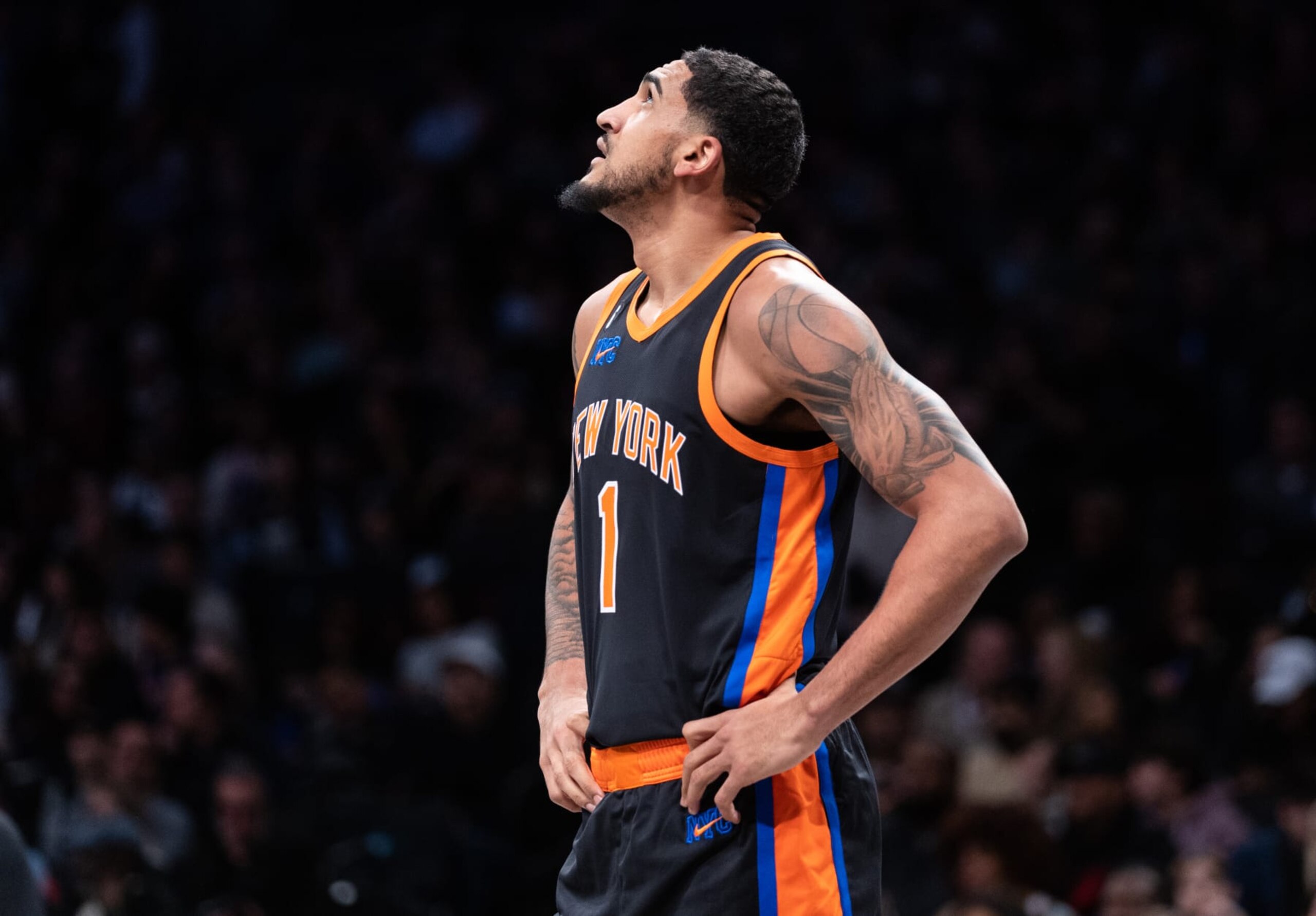 NEW YORK, NEW YORK - JANUARY 28: Obi Toppin #1 of the New York Knicks looks on during the second quarter of the game against the Brooklyn Nets at Barclays Center on January 28, 2023 in New York City. NOTE TO USER: User expressly acknowledges and agrees that, by downloading and or using this photograph, User is consenting to the terms and conditions of the Getty Images License Agreement. (Photo by Dustin Satloff/Getty Images)