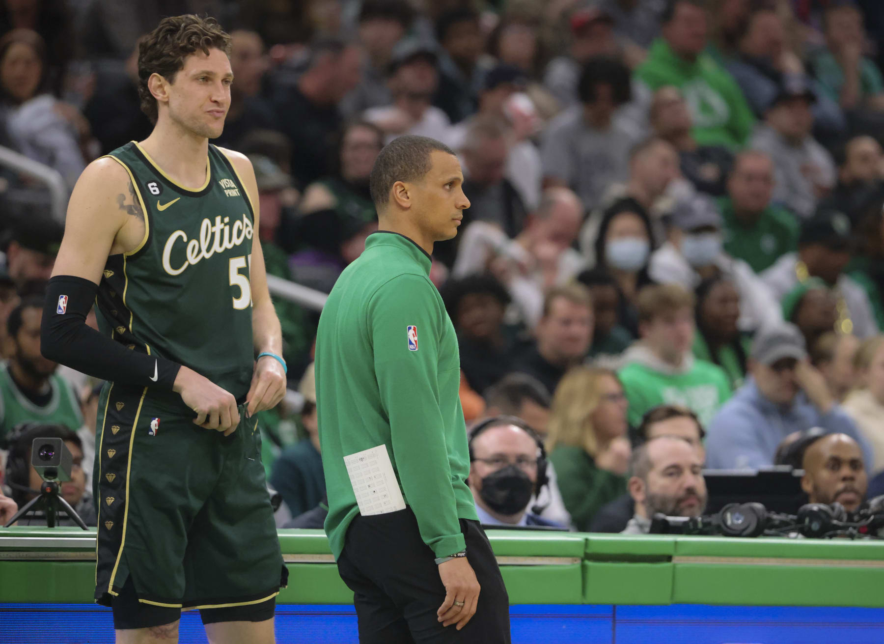 Boston, MA - February 12: Boston Celtics interim head coach Joe Mazzulla waits to sub in C Mike Muscala in the first quarter. The Celtics beat the Memphis Grizzlies, 119-109. (Photo by Matthew J. Lee/The Boston Globe via Getty Images)