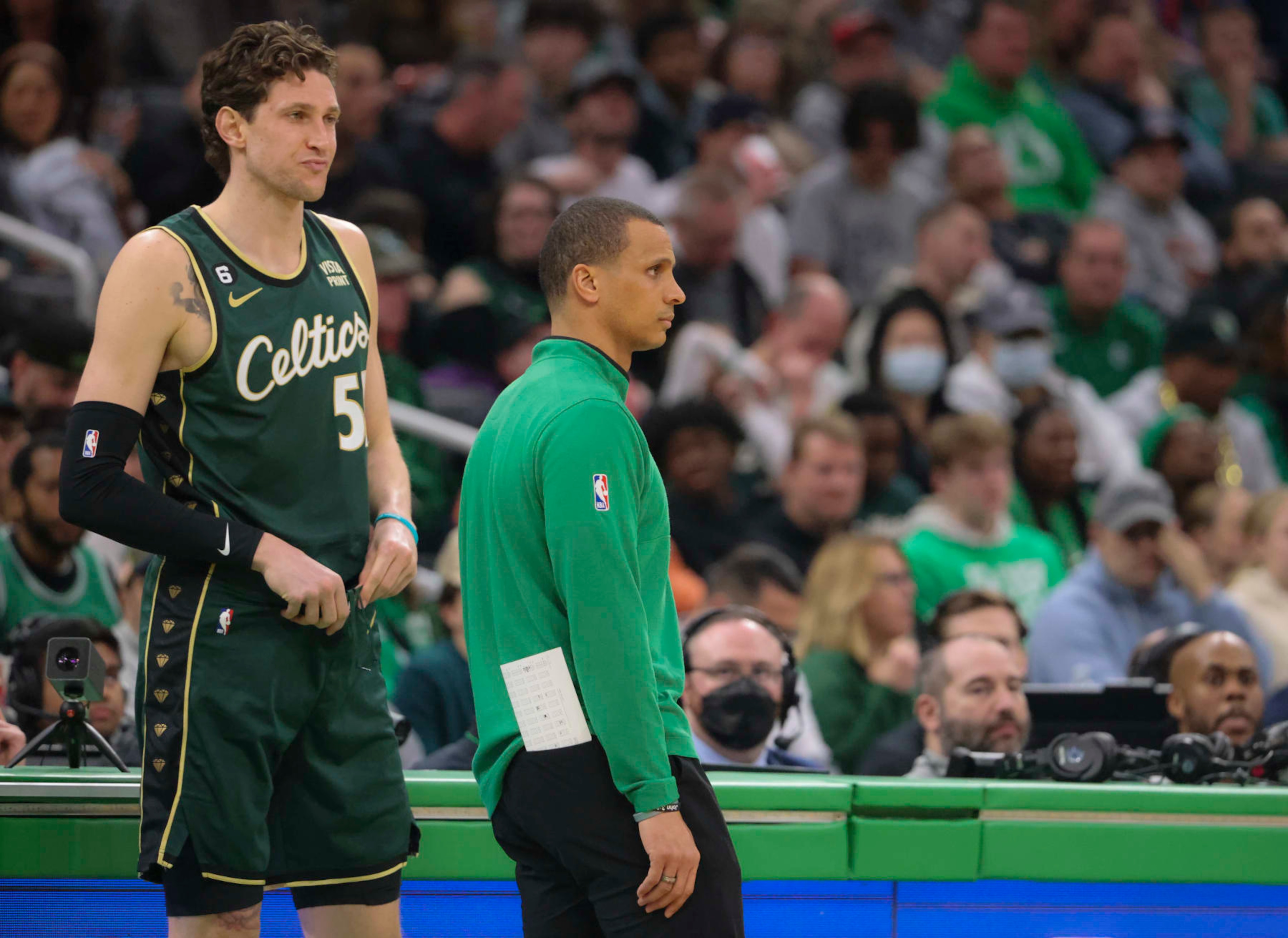 Boston, MA - February 12: Boston Celtics interim head coach Joe Mazzulla waits to sub in C Mike Muscala in the first quarter. The Celtics beat the Memphis Grizzlies, 119-109. (Photo by Matthew J. Lee/The Boston Globe via Getty Images)
