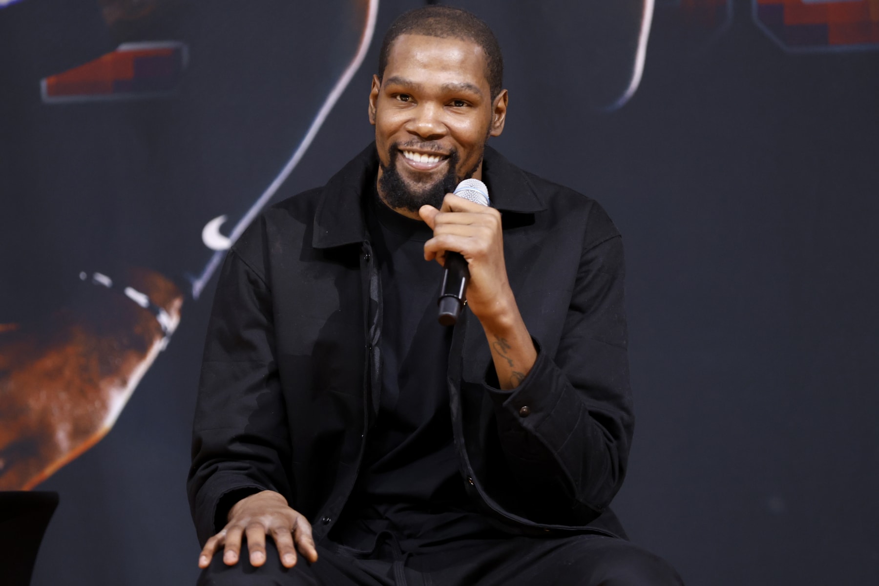 PHOENIX, ARIZONA - FEBRUARY 16: Kevin Durant of the Phoenix Suns smiles during a press conference at Footprint Center on February 16, 2023 in Phoenix, Arizona. NOTE TO USER: User expressly acknowledges and agrees that, by downloading and/or using this photograph, User is consenting to the terms and conditions of the Getty Images License Agreement.  (Photo by Chris Coduto/Getty Images)