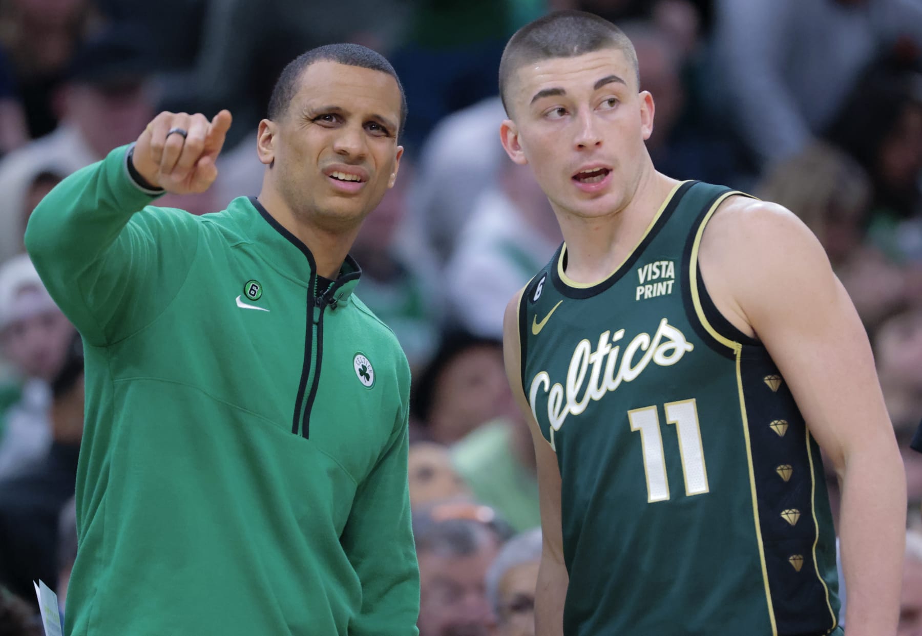Boston, MA - February 12: Boston Celtics interim head coach Joe Mazzulla talks to PG Payton Pritchard in the third quarter. The Celtics beat the Memphis Grizzlies, 119-109. (Photo by Matthew J. Lee/The Boston Globe via Getty Images)