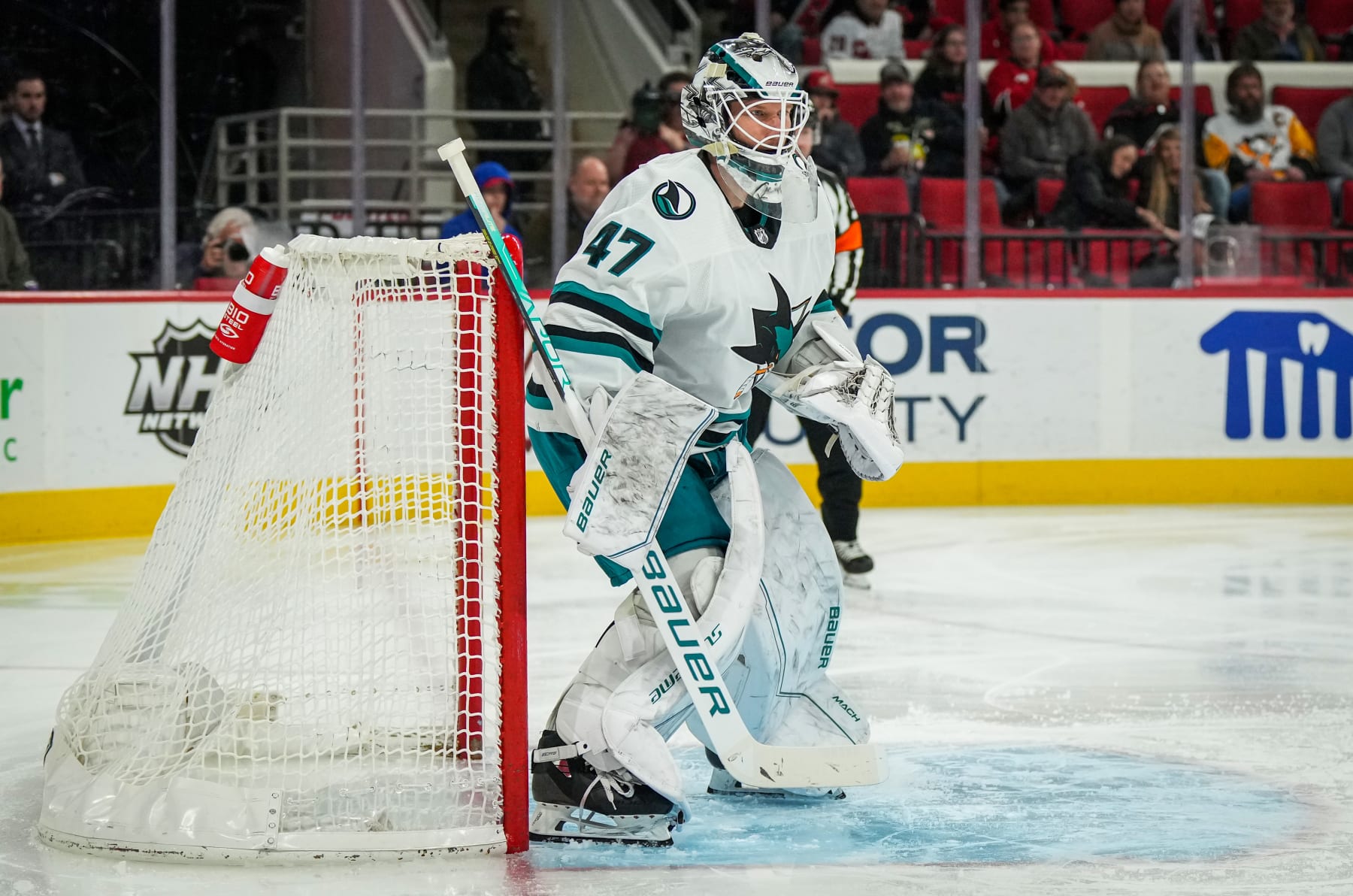 RALEIGH, NORTH CAROLINA - JANUARY 27: James Reimer #47 of the San Jose Sharks tends net during the first period against the Carolina Hurricanes at PNC Arena on January 27, 2023 in Raleigh, North Carolina. (Photo by Josh Lavallee/NHLI via Getty Images)