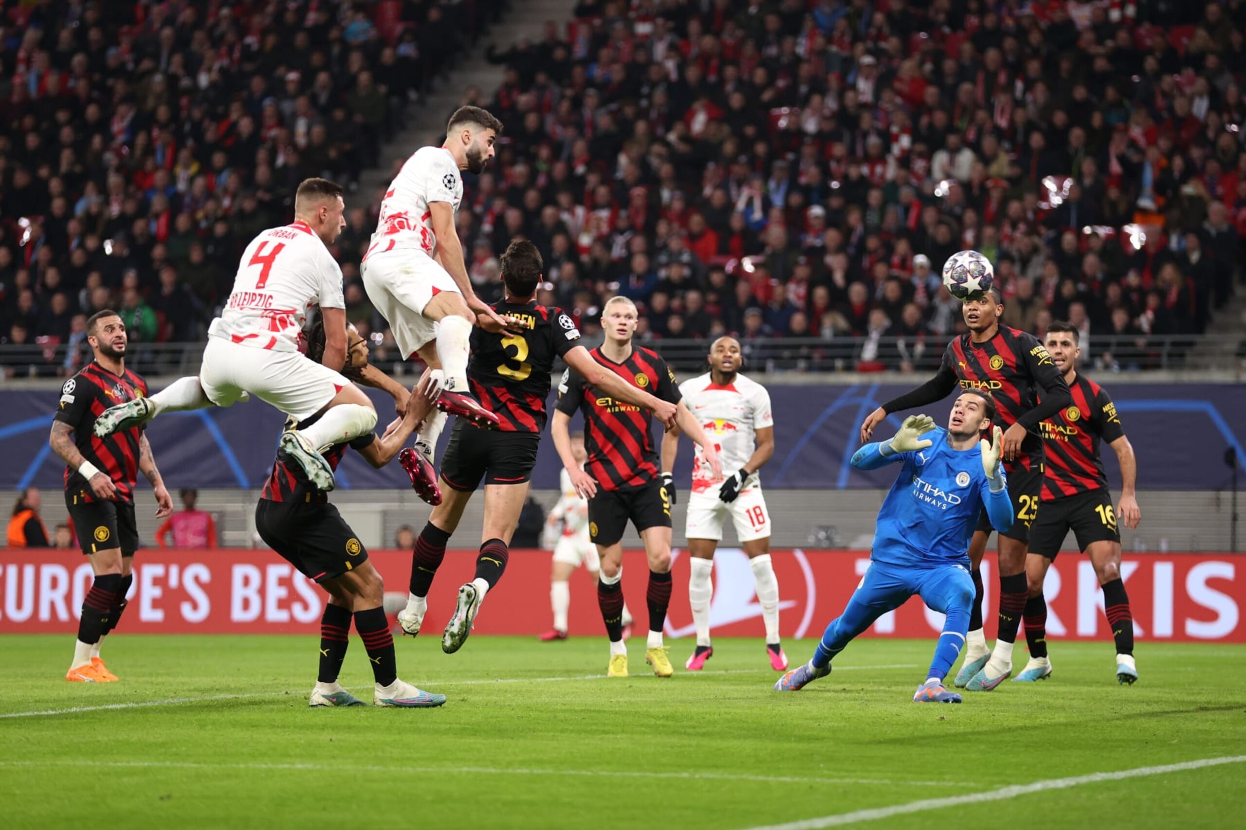 LEIPZIG, GERMANY - FEBRUARY 22: Josko Gvardiol of RB Leipzig scores the team's first goal past Ederson of Manchester City during the UEFA Champions League round of 16 leg one match between RB Leipzig and Manchester City at Red Bull Arena on February 22, 2023 in Leipzig, Germany. (Photo by Lars Baron/Getty Images) LEIPZIG, GERMANY - FEBRUARY 22: Josko Gvardiol of RB Leipzig scores the team's first goal past Ederson of Manchester City during the UEFA Champions League round of 16 leg one match between RB Leipzig and Manchester City at Red Bull Arena on February 22, 2023 in Leipzig, Germany. (Photo by Lars Baron/Getty Images)