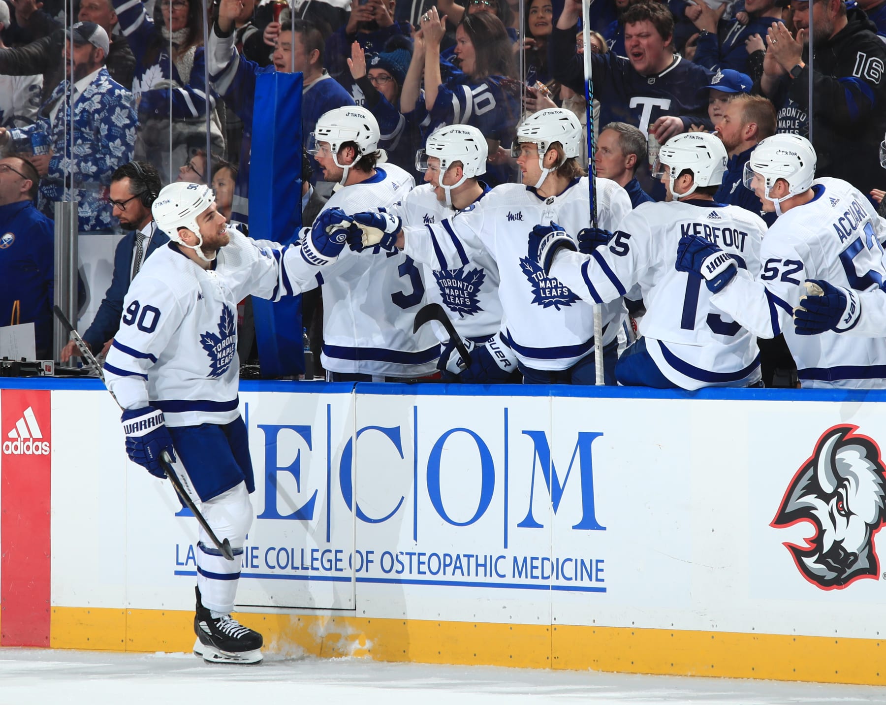BUFFALO, NY - FEBRUARY 21: Ryan O'Reilly #90 of the Toronto Maple Leafs celebrates his first goal of the first period against the Buffalo Sabres during an NHL game on February 21, 2023 at KeyBank Center in Buffalo, New York. (Photo by Bill Wippert/NHLI via Getty Images)