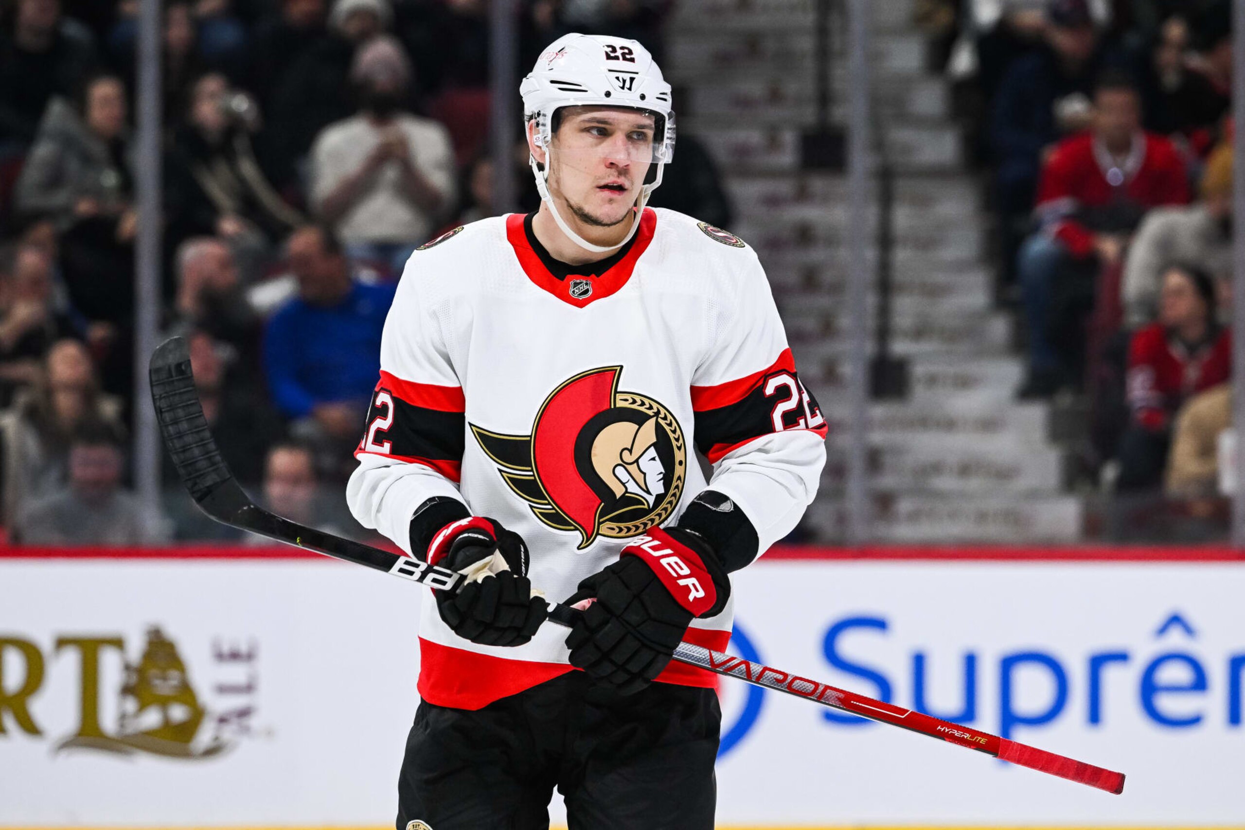 MONTREAL, QC - JANUARY 31: Look on Ottawa Senators defenseman Nikita Zaitsev (22) during the Ottawa Senators versus the Montreal Canadiens game on January 31, 2023, at Bell Centre in Montreal, QC (Photo by David Kirouac/Icon Sportswire via Getty Images)