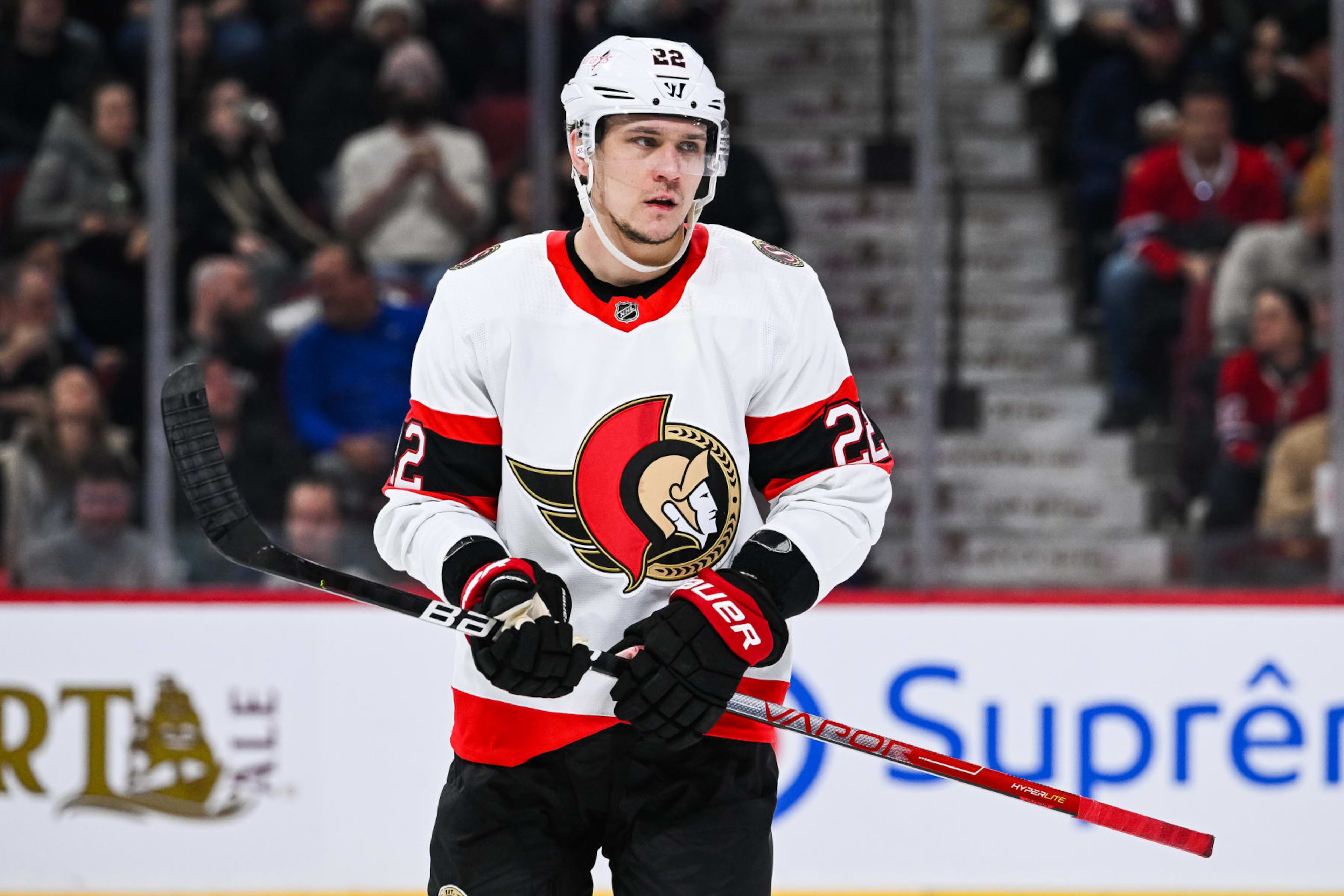 MONTREAL, QC - JANUARY 31: Look on Ottawa Senators defenseman Nikita Zaitsev (22) during the Ottawa Senators versus the Montreal Canadiens game on January 31, 2023, at Bell Centre in Montreal, QC (Photo by David Kirouac/Icon Sportswire via Getty Images) MONTREAL, QC - JANUARY 31: Look on Ottawa Senators defenseman Nikita Zaitsev (22) during the Ottawa Senators versus the Montreal Canadiens game on January 31, 2023, at Bell Centre in Montreal, QC (Photo by David Kirouac/Icon Sportswire via Getty Images)