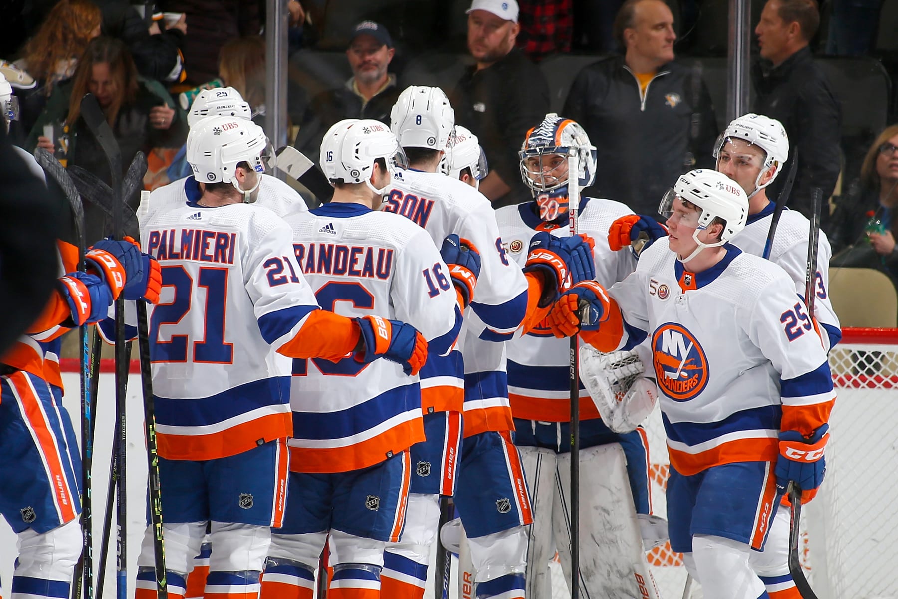 PITTSBURGH, PA - FEBRUARY 20:  Ilya Sorokin #30 of the New York Islanders celebrates with teammates after defeating the Pittsburgh Penguins at PPG PAINTS Arena on February 20, 2023 in Pittsburgh, Pennsylvania. (Photo by Justin K. Aller/NHLI via Getty Images)