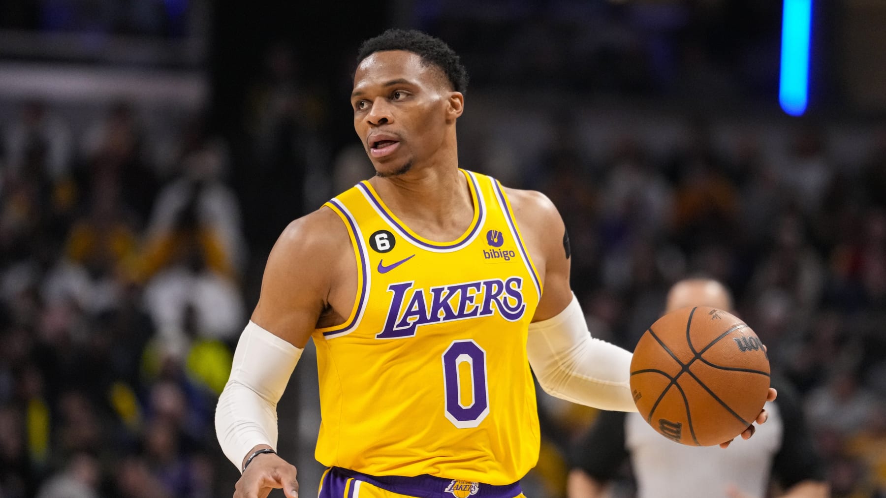 Los Angeles Lakers guard Russell Westbrook (0) plays against the Indiana Pacers during the first half of an NBA basketball game in Indianapolis, Thursday, Feb. 2, 2023. (AP Photo/Michael Conroy)