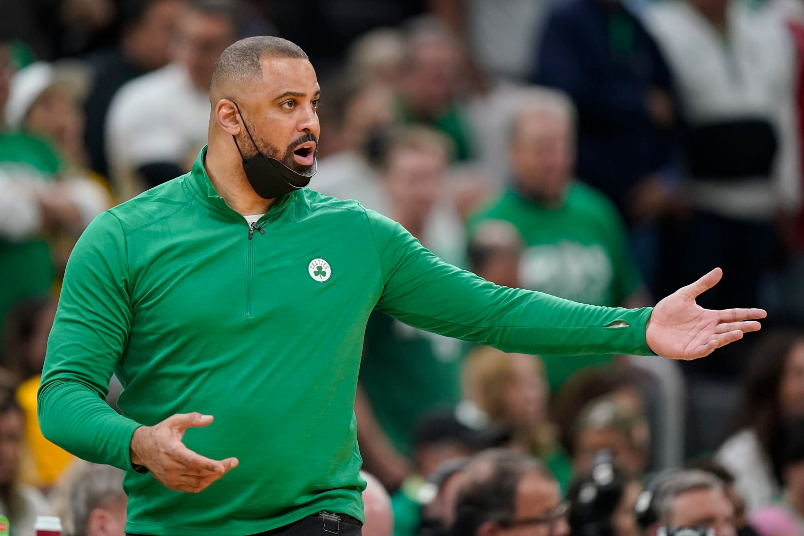 Boston Celtics coach Ime Udoka reacts during the fourth quarter of Game 6 of basketball's NBA Finals against the Golden State Warriors, Thursday, June 16, 2022, in Boston. (AP Photo/Steven Senne)