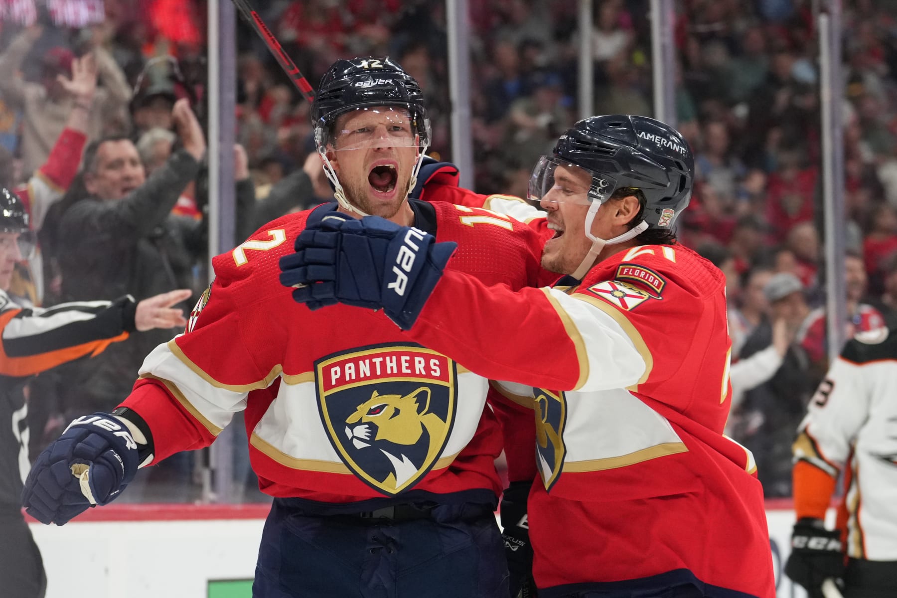 SUNRISE, FL - FEBRUARY 20: Florida Panthers center Eric Staal (12) and Florida Panthers center Nick Cousins (21) celebrate a goal in the second period during the game between the Anaheim Ducks and the Florida Panthers on Monday, February 20, 2023 at FLA Live Arena in Sunrise, Fla. (Photo by Peter Joneleit/Icon Sportswire via Getty Images)