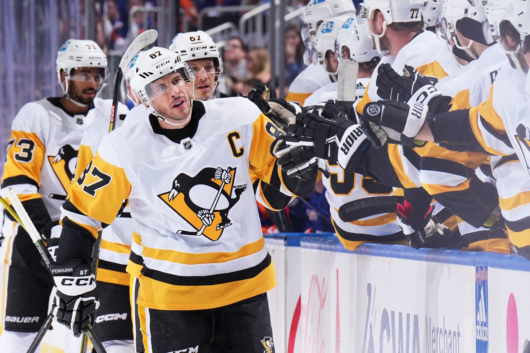ELMONT, NEW YORK - FEBRUARY 17: Sidney Crosby #87 of the Pittsburgh Penguins celebrates his first period goal against the New York Islanders at UBS Arena on February 17, 2023 in Elmont, New York. (Photo by Mike Stobe/NHLI via Getty Images)