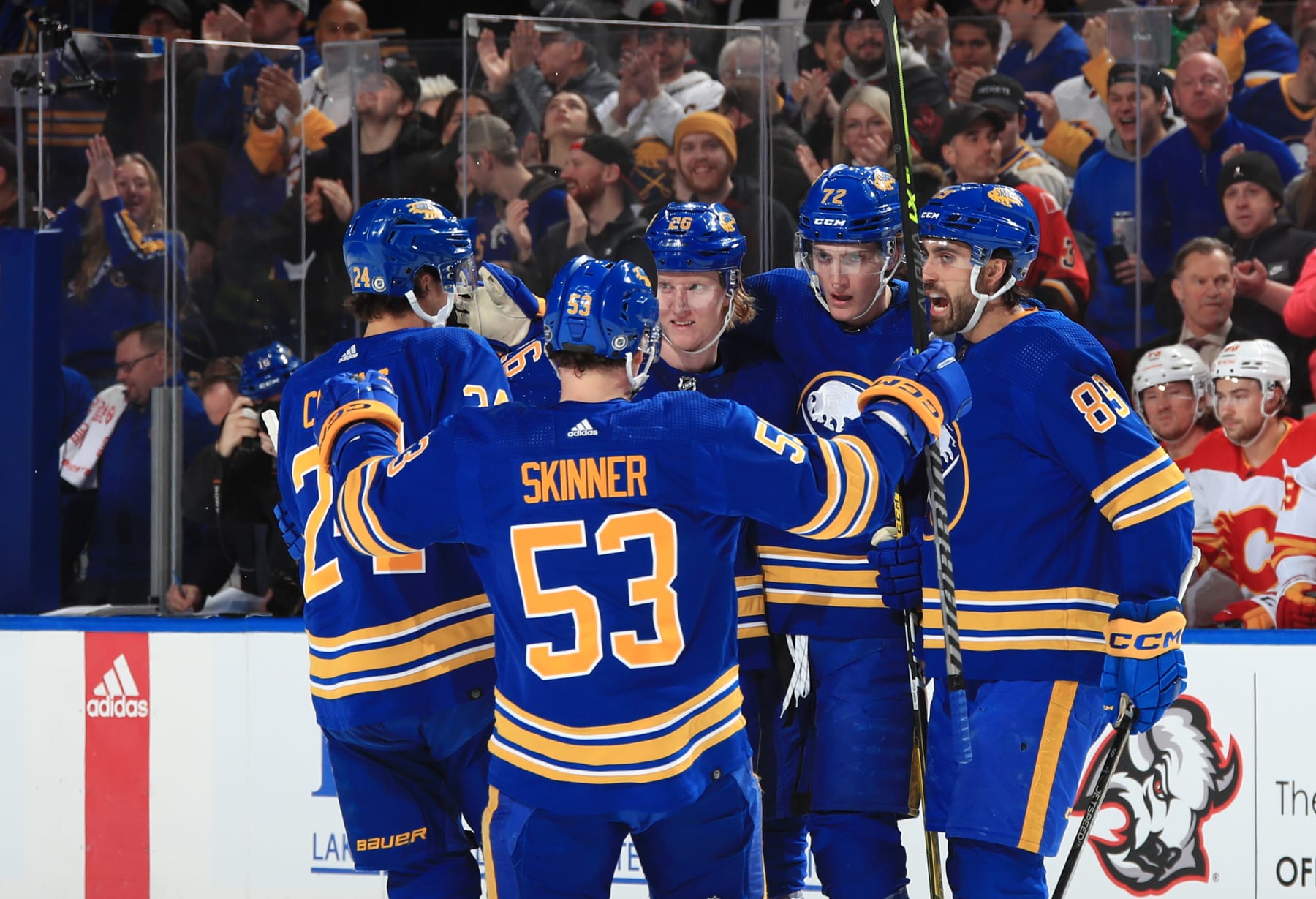 BUFFALO, NY - FEBRUARY 11: Tage Thompson #72 of the Buffalo Sabres celebrates his first period goal against the Calgary Flames during an NHL game on February 11, 2023 at KeyBank Center in Buffalo, New York. (Photo by Bill Wippert/NHLI via Getty Images)