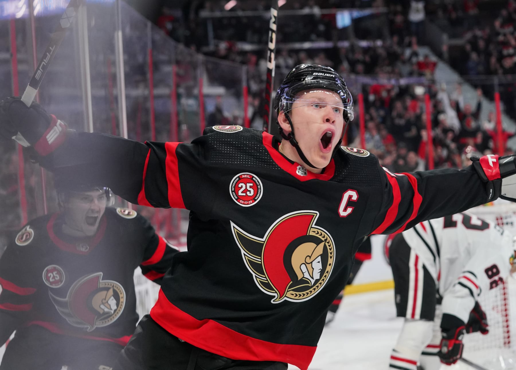 OTTAWA, CANADA - FEBRUARY 17:  Brady Tkachuk #7 of the Ottawa Senators celebrates his third period goal against the Chicago Blackhawks at Canadian Tire Centre on February 17, 2023 in Ottawa, Ontario, Canada.  (Photo by André Ringuette/NHLI via Getty Images)