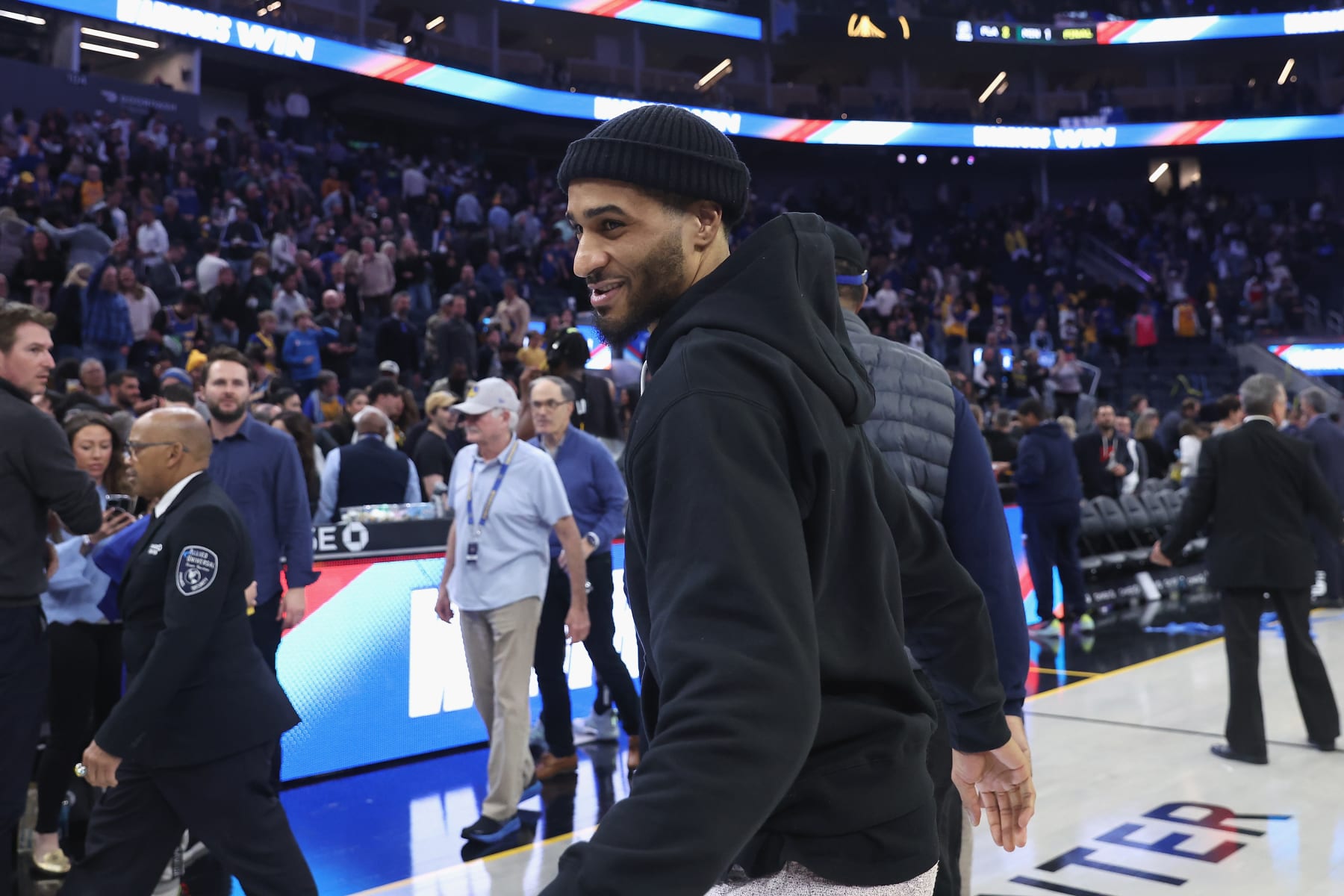 SAN FRANCISCO, CALIFORNIA - FEBRUARY 13: Gary Payton II #8 of the Golden State Warriors looks on after the team's win against the Washington Wizards at Chase Center on February 13, 2023 in San Francisco, California. NOTE TO USER: User expressly acknowledges and agrees that, by downloading and/or using this photograph, User is consenting to the terms and conditions of the Getty Images License Agreement. (Photo by Lachlan Cunningham/Getty Images)