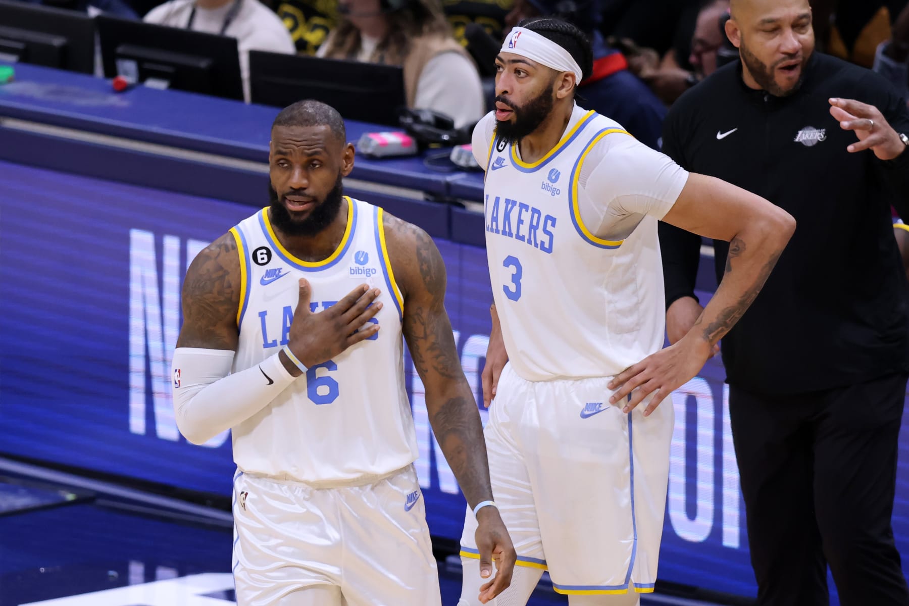 NEW ORLEANS, LOUISIANA - FEBRUARY 04: LeBron James #6 and Anthony Davis #3 of the Los Angeles Lakers react during a game against the New Orleans Pelicans at the Smoothie King Center on February 04, 2023 in New Orleans, Louisiana. NOTE TO USER: User expressly acknowledges and agrees that, by downloading and or using this Photograph, user is consenting to the terms and conditions of the Getty Images License Agreement. (Photo by Jonathan Bachman/Getty Images)