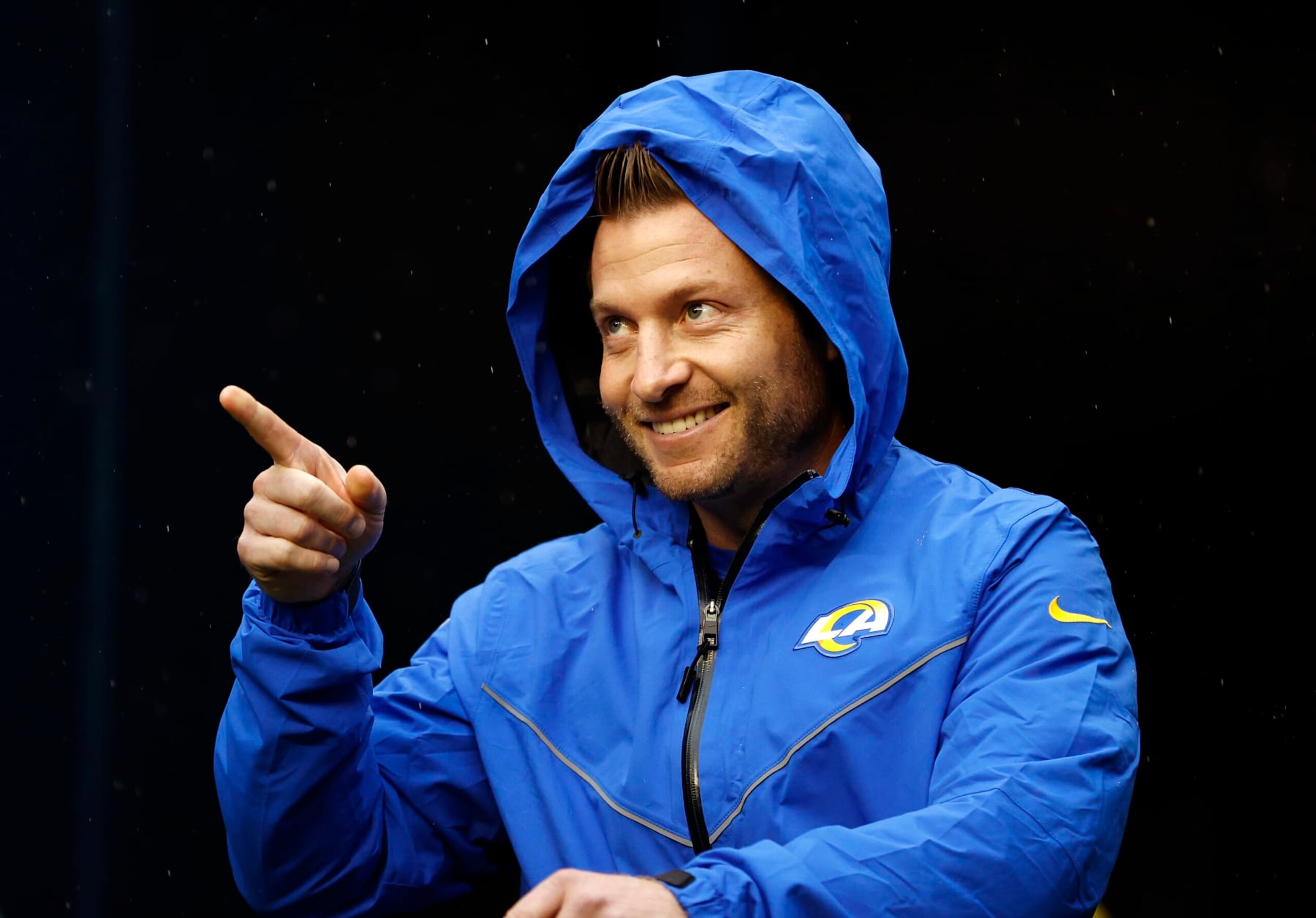 SEATTLE, WASHINGTON - JANUARY 08: Head coach Sean McVay of the Los Angeles Rams reacts as he takes the field prior to the game against the Seattle Seahawks at Lumen Field on January 08, 2023 in Seattle, Washington. (Photo by Steph Chambers/Getty Images)