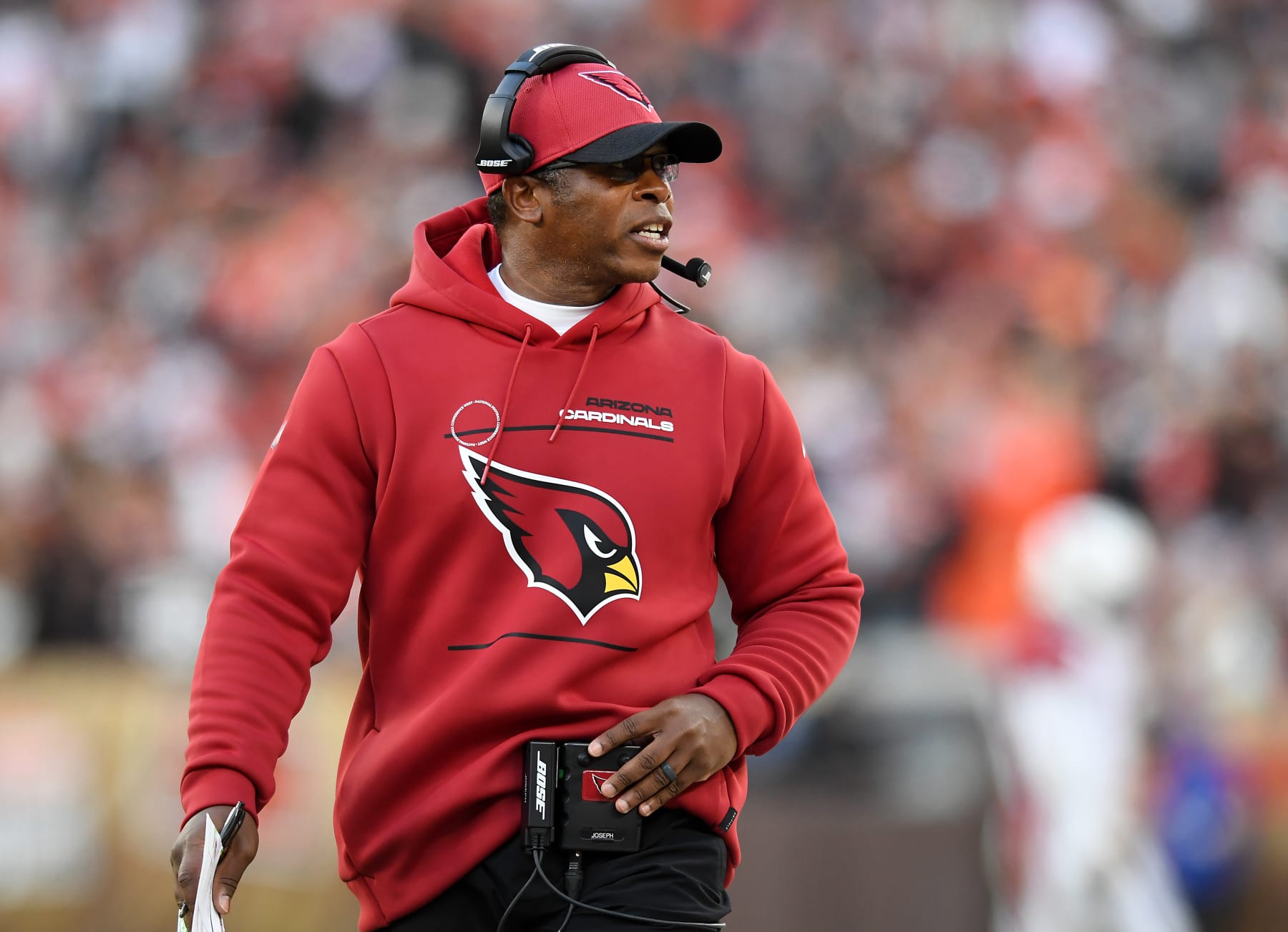 CLEVELAND, OHIO - OCTOBER 17: Acting head coach defensive coordinator Vance Joseph of the Arizona Cardinals looks on during the third quarter against the Cleveland Browns at FirstEnergy Stadium on October 17, 2021 in Cleveland, Ohio. (Photo by Nick Cammett/Getty Images)