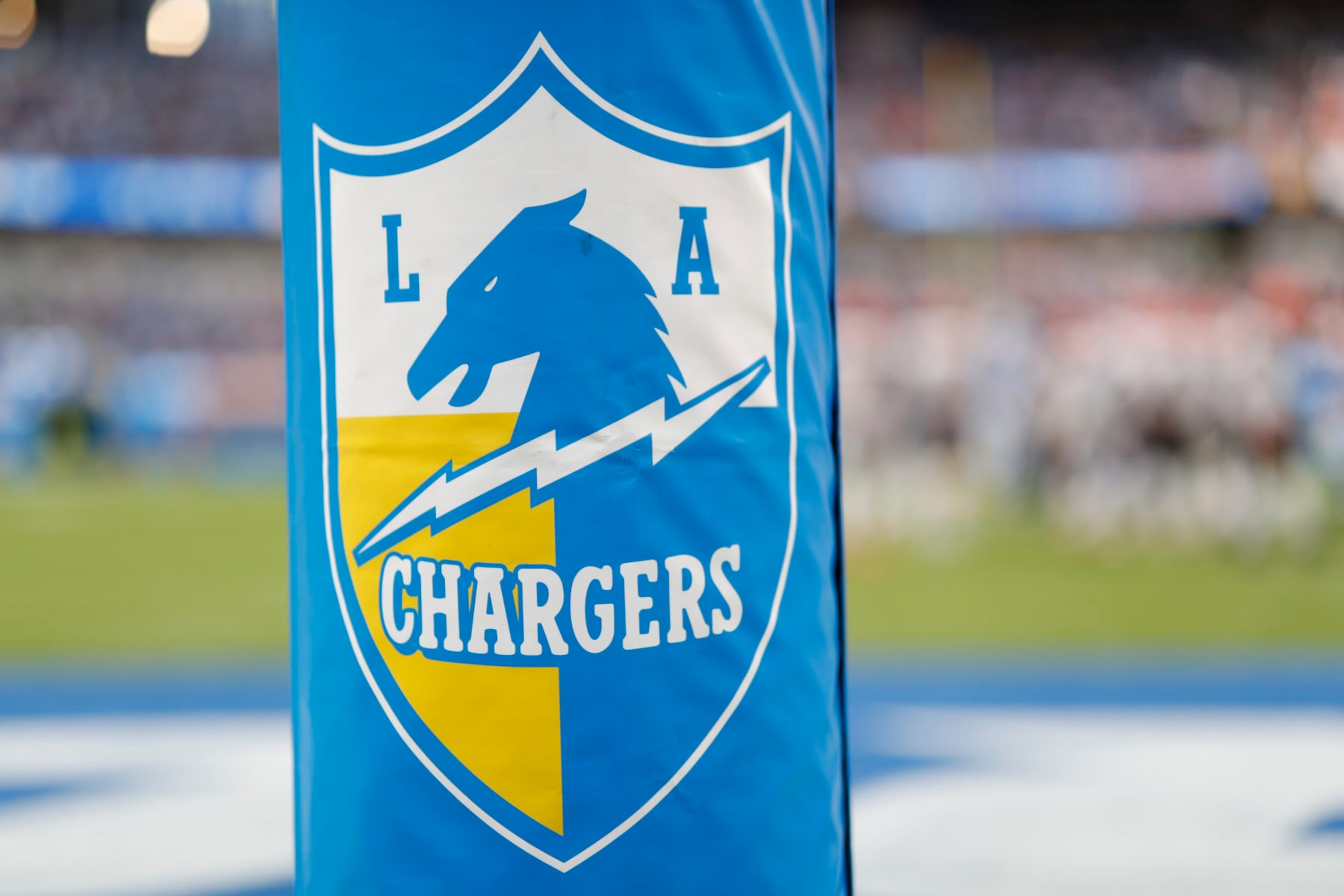 The Los Angeles Chargers logo on the goalpost during an NFL football game against the Cleveland Browns Sunday, Oct. 10, 2021, in Inglewood, Calif. (Photo by Tom Hauck/Getty Images)