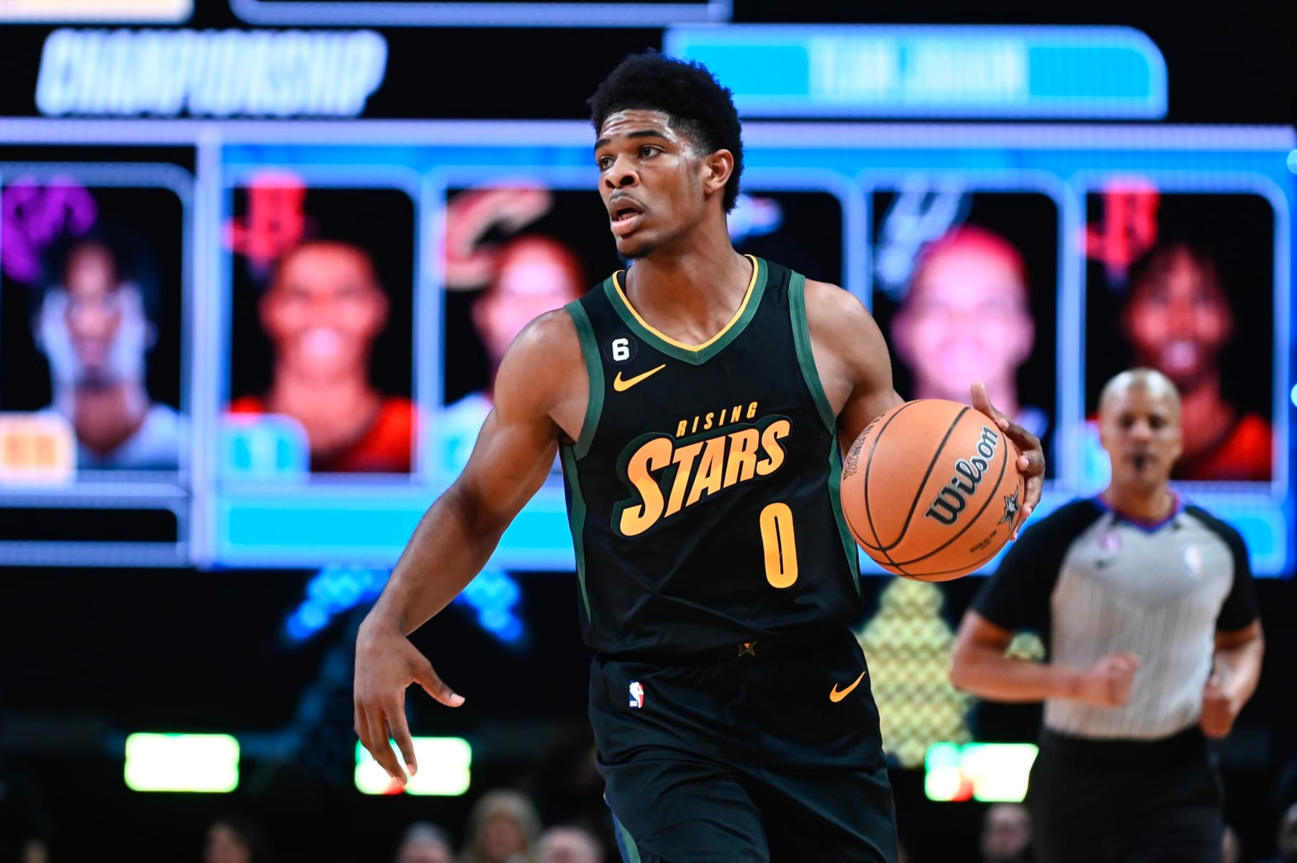 SALT LAKE CITY, UTAH - FEBRUARY 17: Scoot Henderson #0 of Team Jason in action during the Jordan Rising Stars Game as part of 2023 NBA All Star Weekend at Vivint Arena on February 17, 2023 in Salt Lake City, Utah. NOTE TO USER: User expressly acknowledges and agrees that, by downloading and or using this photograph, User is consenting to the terms and conditions of the Getty Images License Agreement. (Photo by Alex Goodlett/Getty Images)