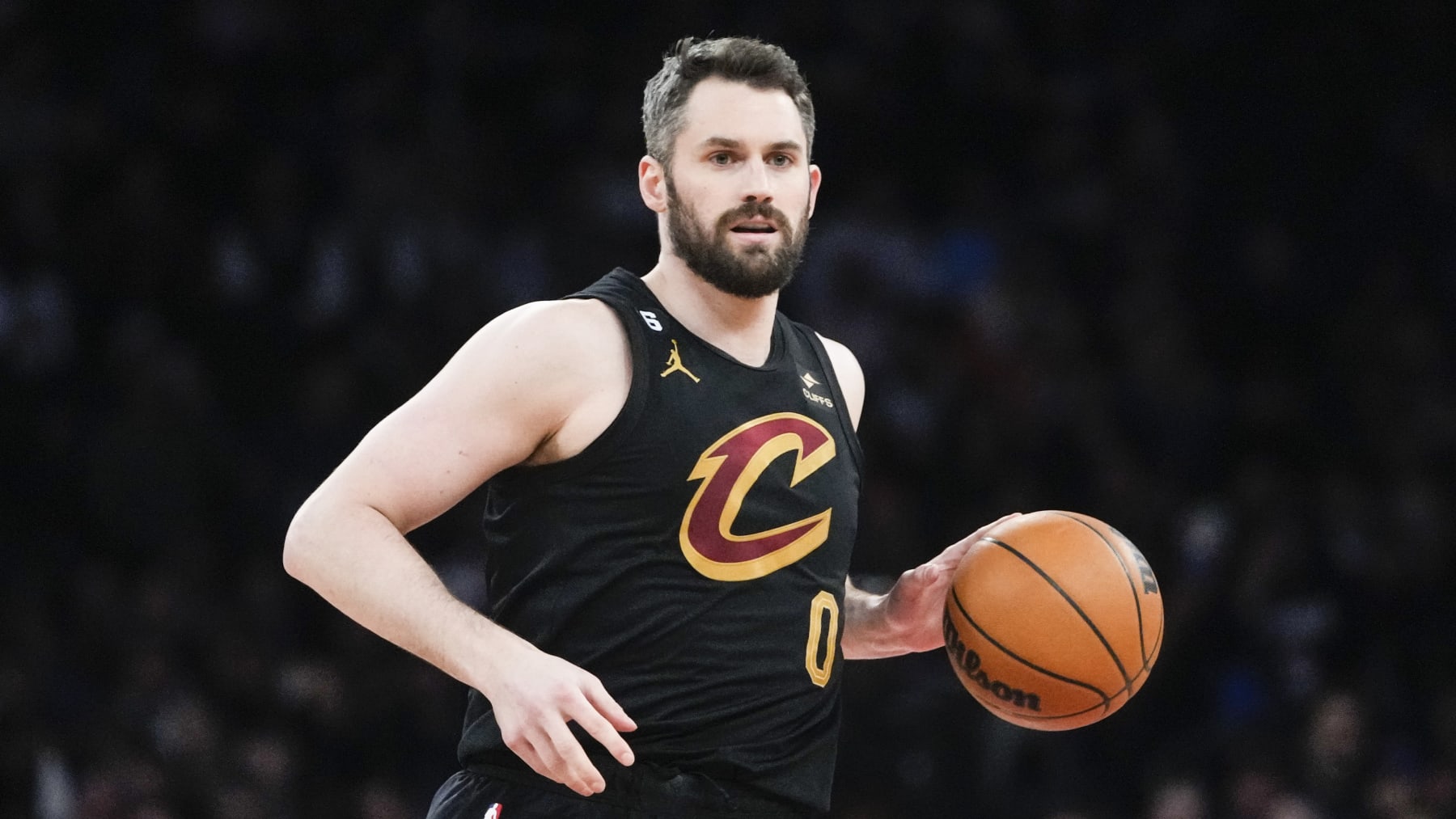 Cleveland Cavaliers' Kevin Love (0) during the first half of an NBA basketball game against the New York Knicks Tuesday, Jan. 24, 2023, in New York. (AP Photo/Frank Franklin II)