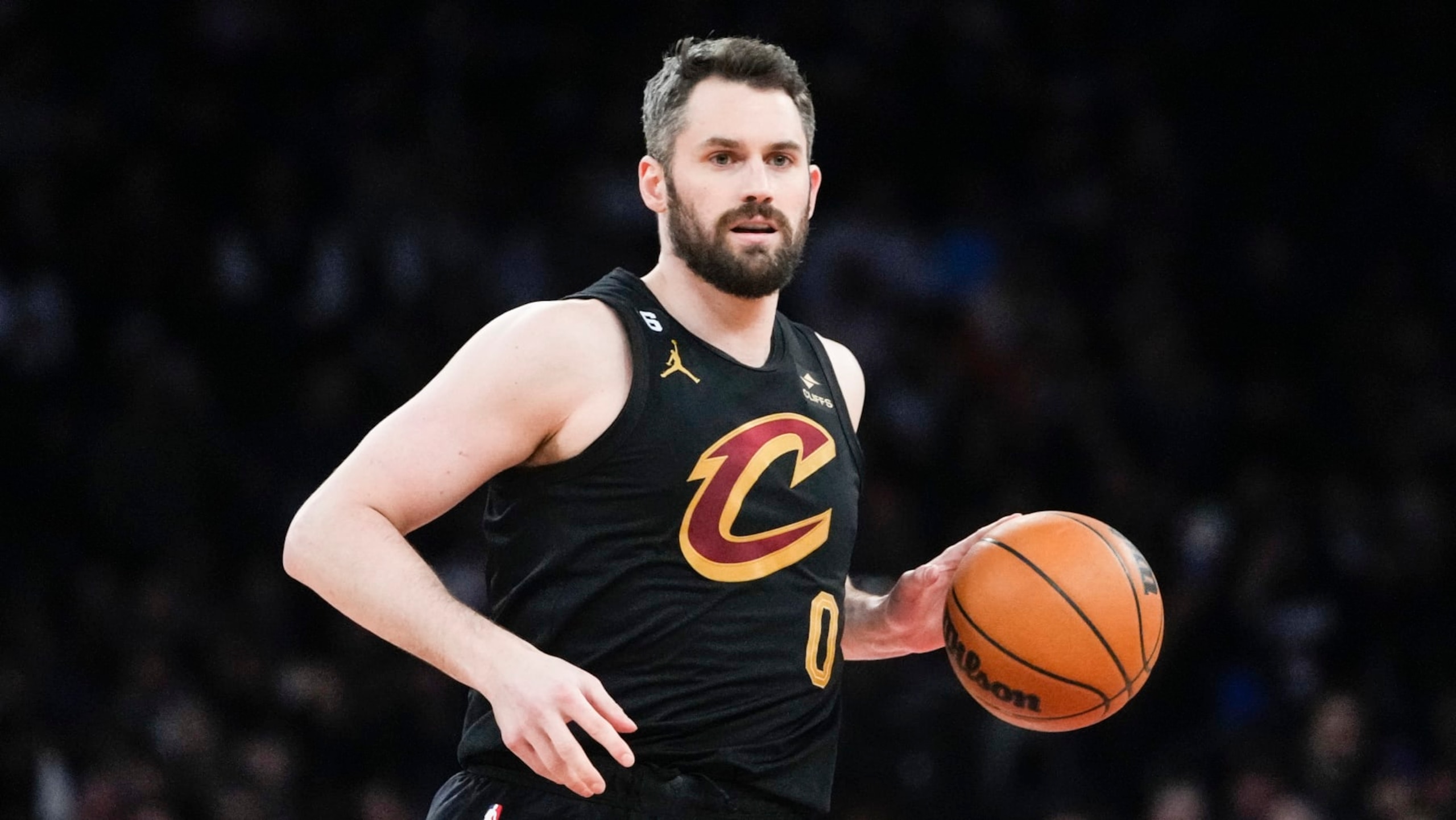 Cleveland Cavaliers' Kevin Love (0) during the first half of an NBA basketball game against the New York Knicks Tuesday, Jan. 24, 2023, in New York. (AP Photo/Frank Franklin II) Cleveland Cavaliers' Kevin Love (0) during the first half of an NBA basketball game against the New York Knicks Tuesday, Jan. 24, 2023, in New York. (AP Photo/Frank Franklin II)