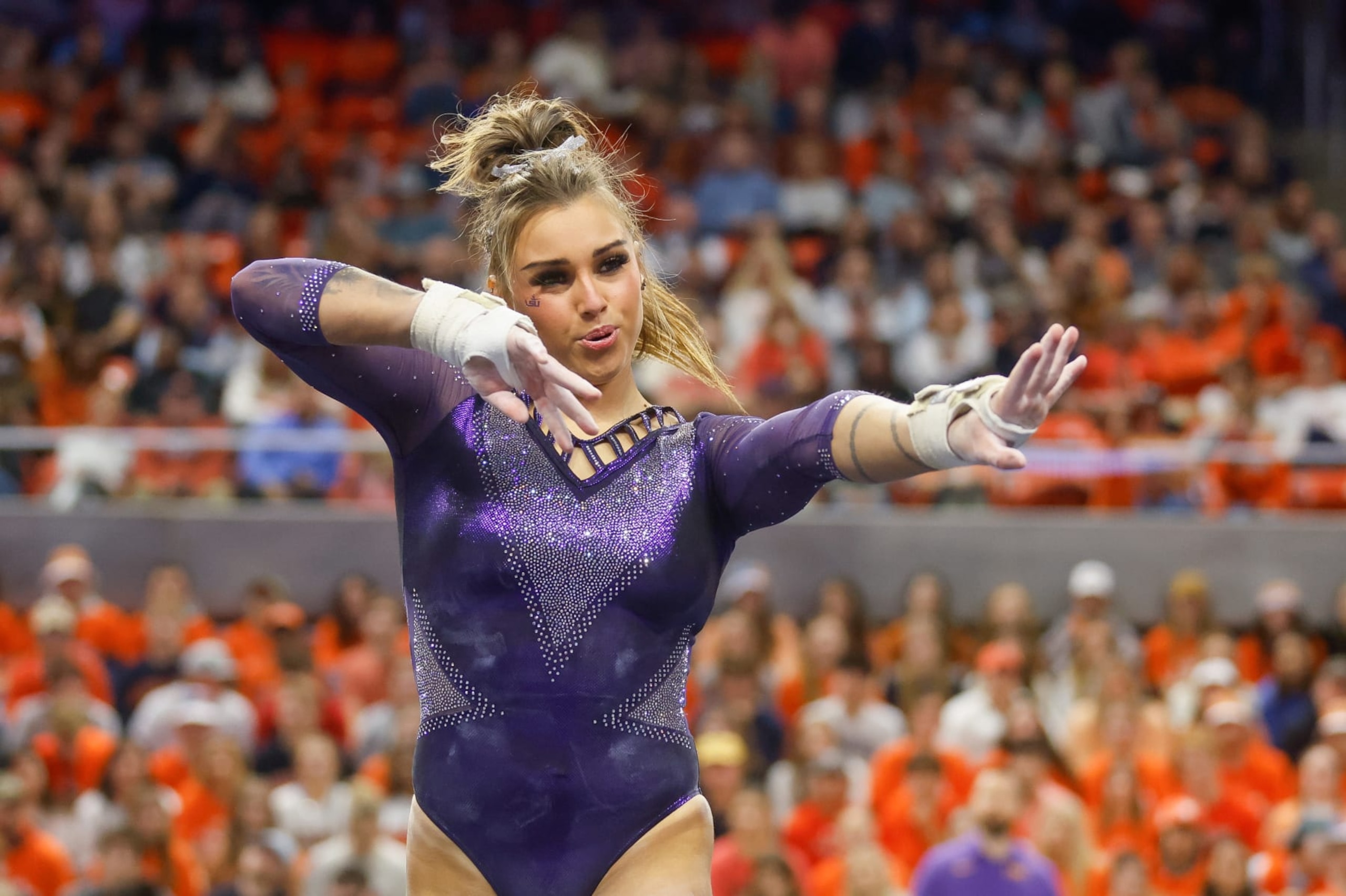 AUBURN, AL - FEBRUARY 10: KJ Johnson of LSU competes on the floor during a gymnastics meet against Auburn at Neville Arena on February 10, 2023 in Auburn, Alabama. (Photo by Stew Milne/Getty Images)
