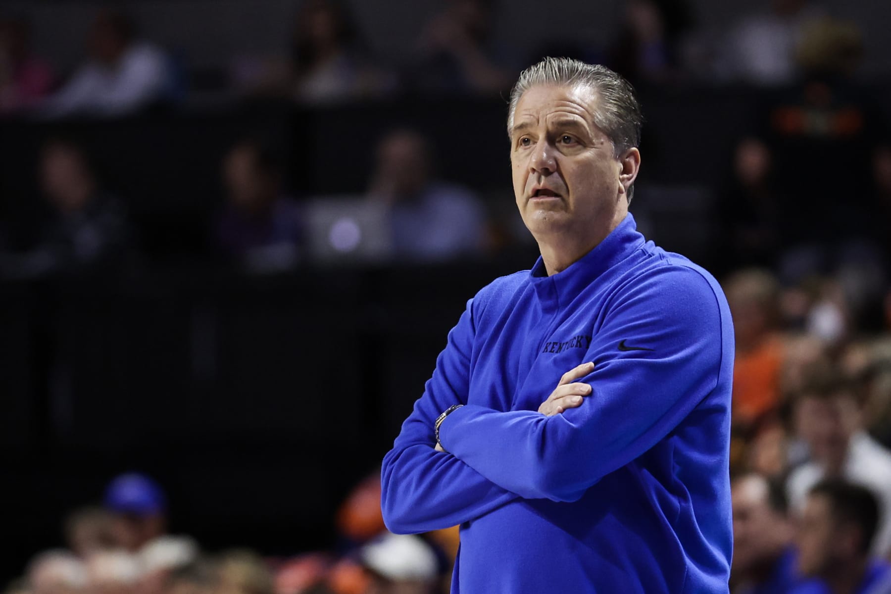 GAINESVILLE, FLORIDA - FEBRUARY 22: Head coach John Calipari of the Kentucky Wildcats looks on during the first half of a game against the Florida Gators at the Stephen C. O'Connell Center on February 22, 2023 in Gainesville, Florida. (Photo by James Gilbert/Getty Images)