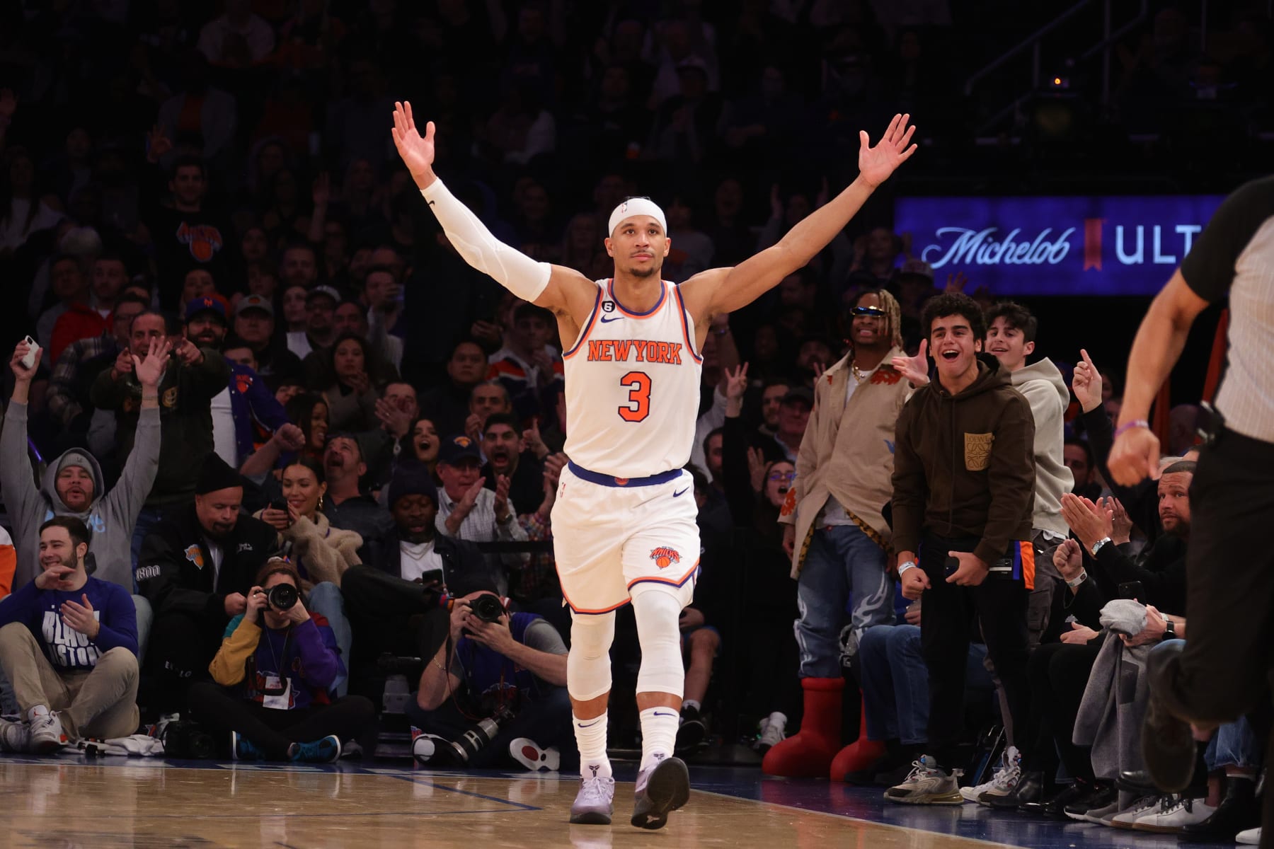 NEW YORK, NY - FEBRUARY 13: Josh Hart #3 of the New York Knicks celebrates against the Brooklyn Nets on February 13, 2023 at Madison Square Garden in New York City, New York.  NOTE TO USER: User expressly acknowledges and agrees that, by downloading and or using this photograph, User is consenting to the terms and conditions of the Getty Images License Agreement. Mandatory Copyright Notice: Copyright 2023 NBAE  (Photo by Nathaniel S. Butler/NBAE via Getty Images)