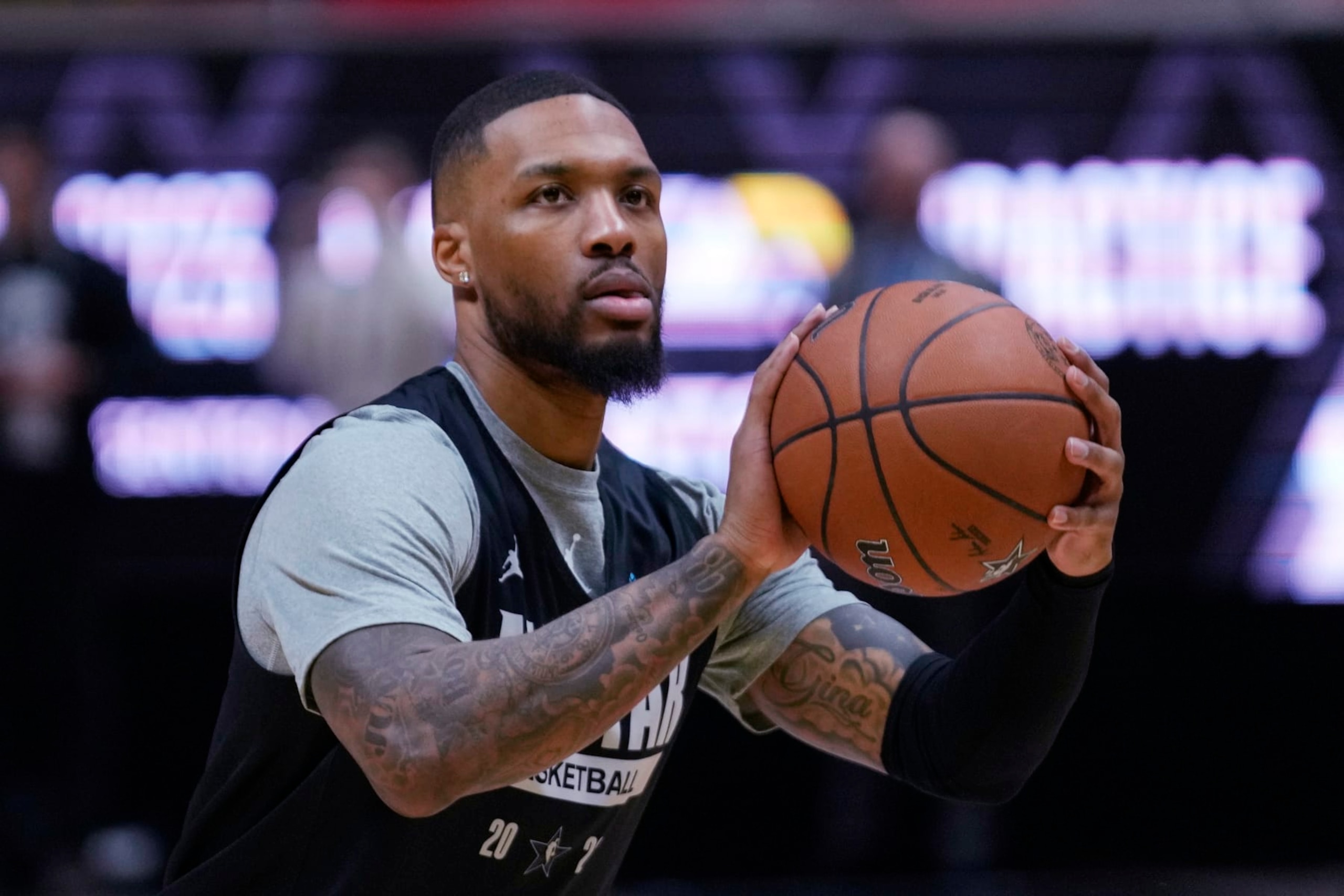 Portland Trail Blazers' Damian Lillard shoots during NBA All-Star basketball practice Saturday, Feb. 18, 2023, in Salt Lake City. (AP Photo/Rick Bowmer)