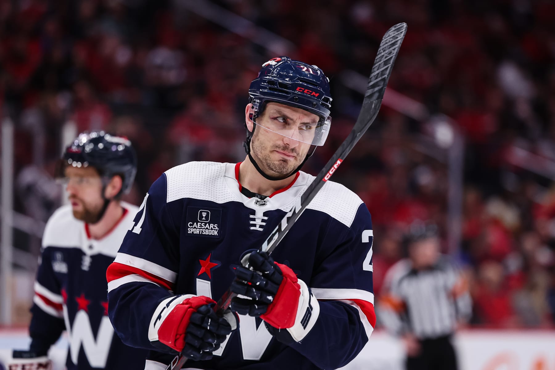 WASHINGTON, DC - FEBRUARY 12: Garnet Hathaway #21 of the Washington Capitals looks on against the San Jose Sharks during the second period of the game at Capital One Arena on February 12, 2023 in Washington, DC. (Photo by Scott Taetsch/Getty Images)