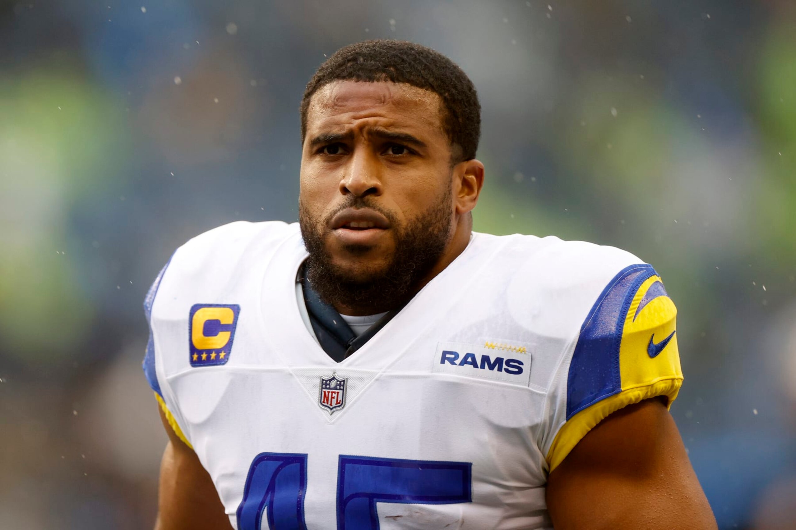 SEATTLE, WASHINGTON - JANUARY 08: Bobby Wagner #45 of the Los Angeles Rams looks on before the game against the Seattle Seahawks at Lumen Field on January 08, 2023 in Seattle, Washington. (Photo by Steph Chambers/Getty Images)