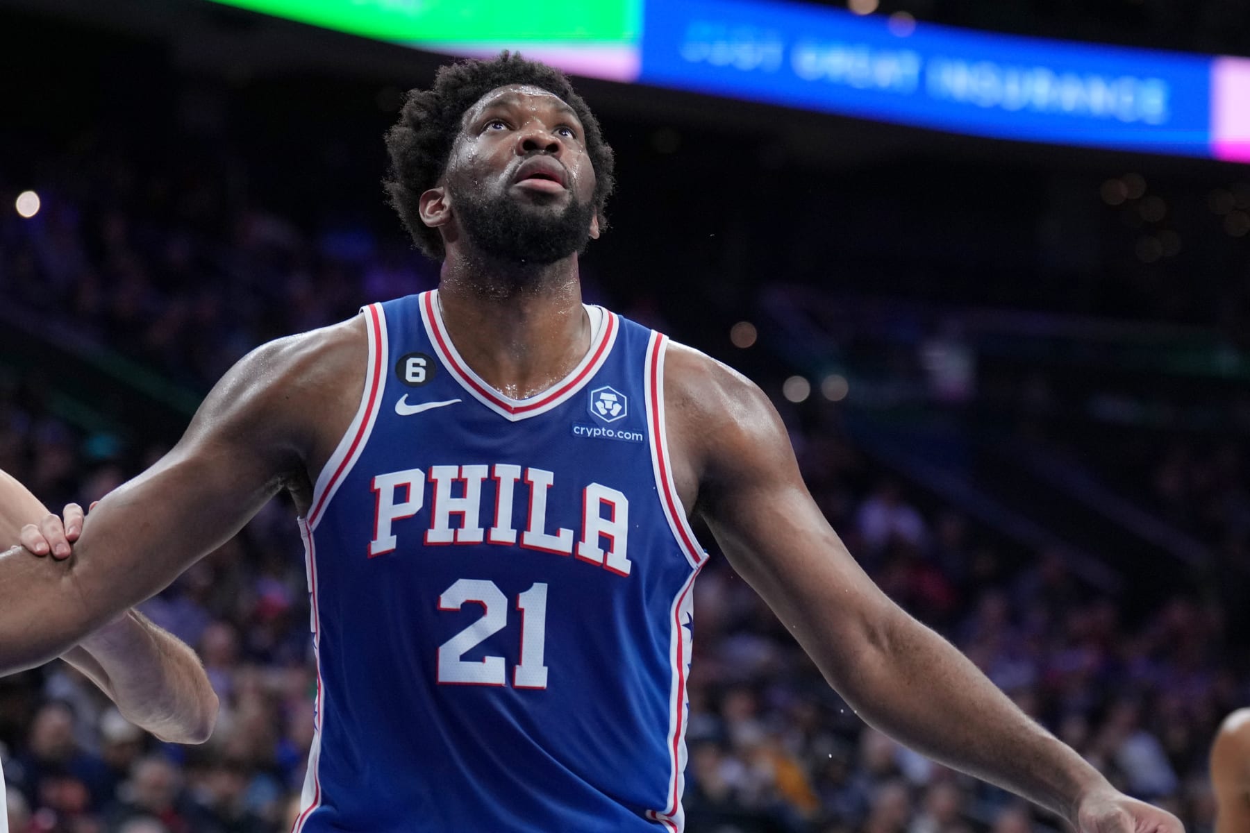 PHILADELPHIA, PA - FEBRUARY 23: Joel Embiid #21 of the Philadelphia 76ers looks on during the game against the Memphis Grizzlies on February 23, 2023 at the Wells Fargo Center in Philadelphia, Pennsylvania NOTE TO USER: User expressly acknowledges and agrees that, by downloading and/or using this Photograph, user is consenting to the terms and conditions of the Getty Images License Agreement. Mandatory Copyright Notice: Copyright 2023 NBAE (Photo by Jesse D. Garrabrant/NBAE via Getty Images)