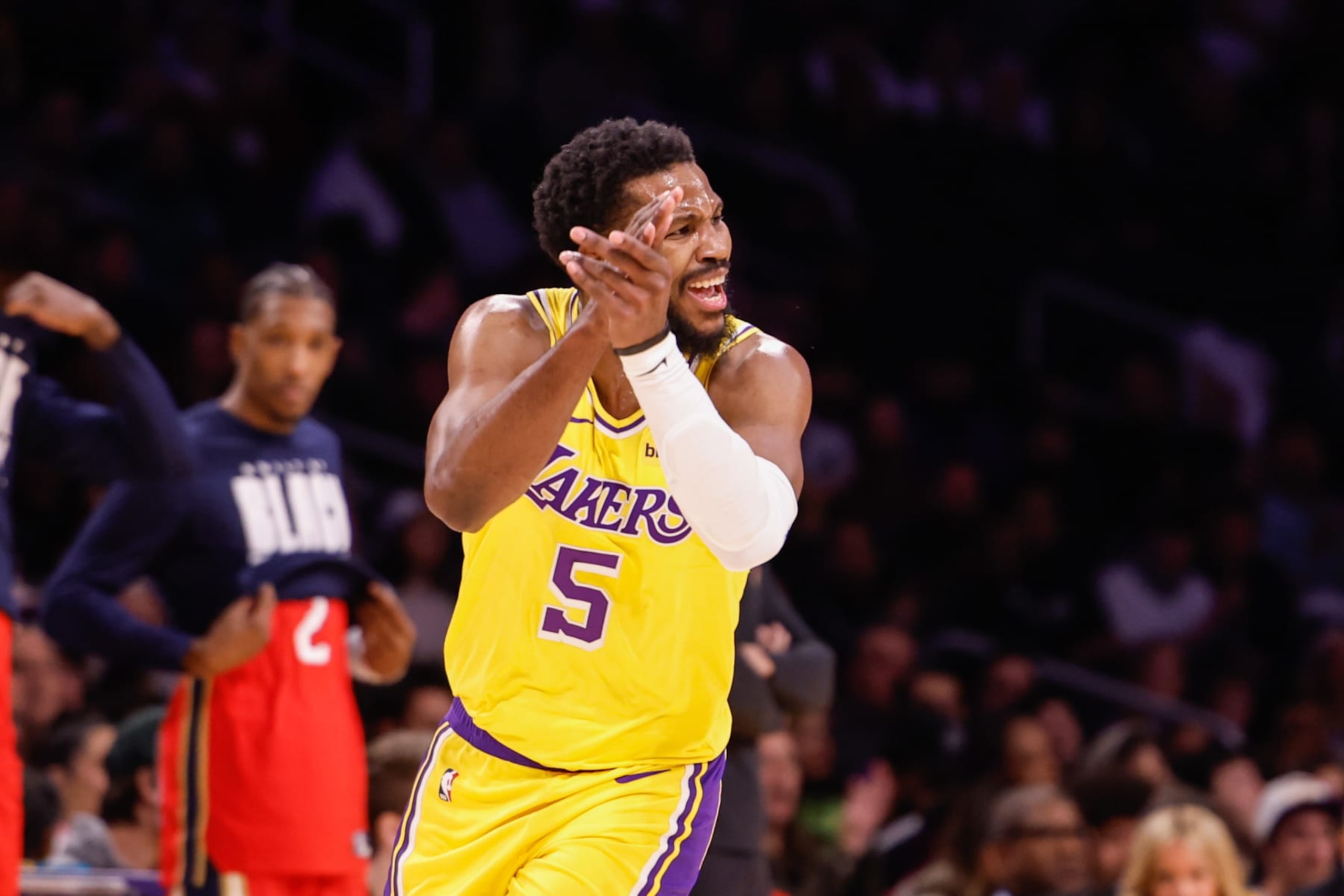 LOS ANGELES, CA - FEBRUARY 15: Los Angeles Lakers guard Malik Beasley (5) celebrates after making a basket as the Lakers play the Pelicans at Crypto.com arena on Wednesday, Feb. 15, 2023 in Los Angeles, CA. (Jason Armond / Los Angeles Times via Getty Images)