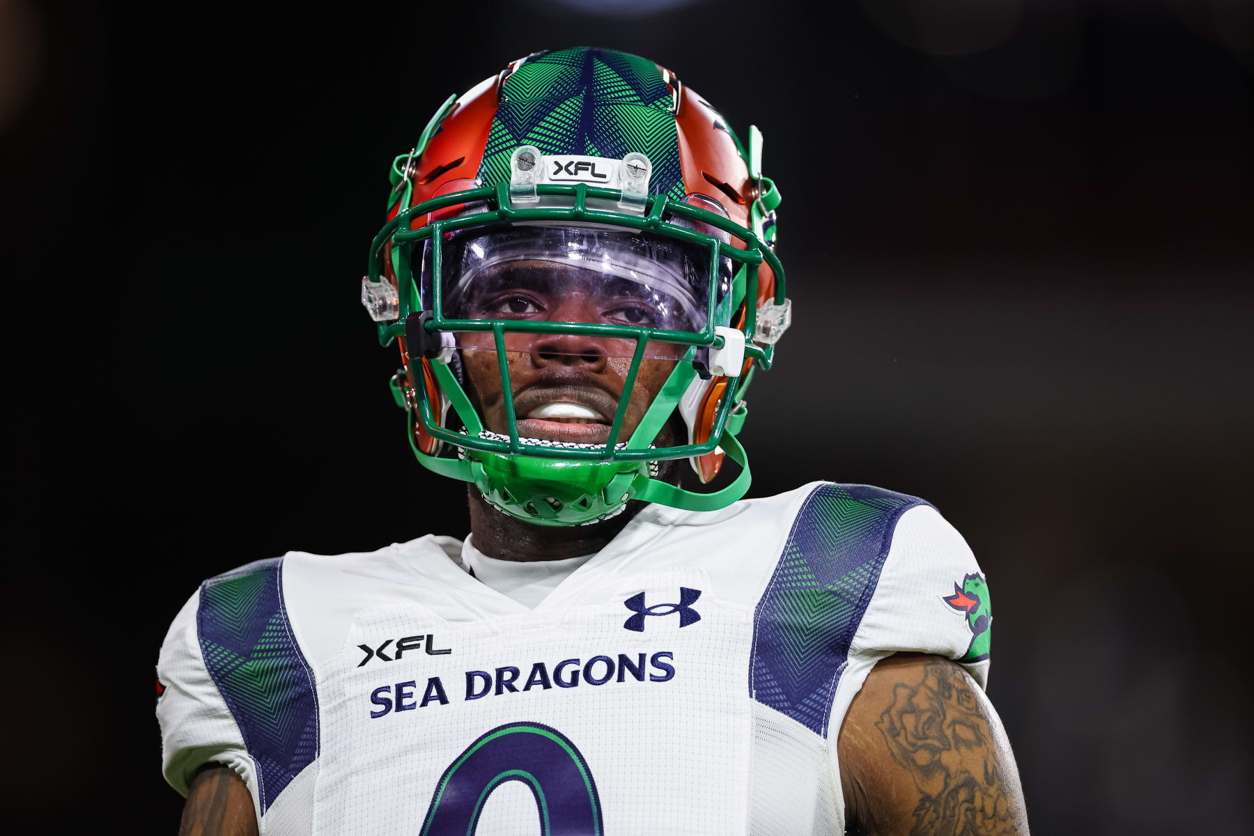 WASHINGTON, DC - FEBRUARY 19: Josh Gordon #0 of the Seattle Sea Dragons looks on before the XFL game against the DC Defenders at Audi Field on February 19, 2023 in Washington, DC. (Photo by Scott Taetsch/Getty Images)